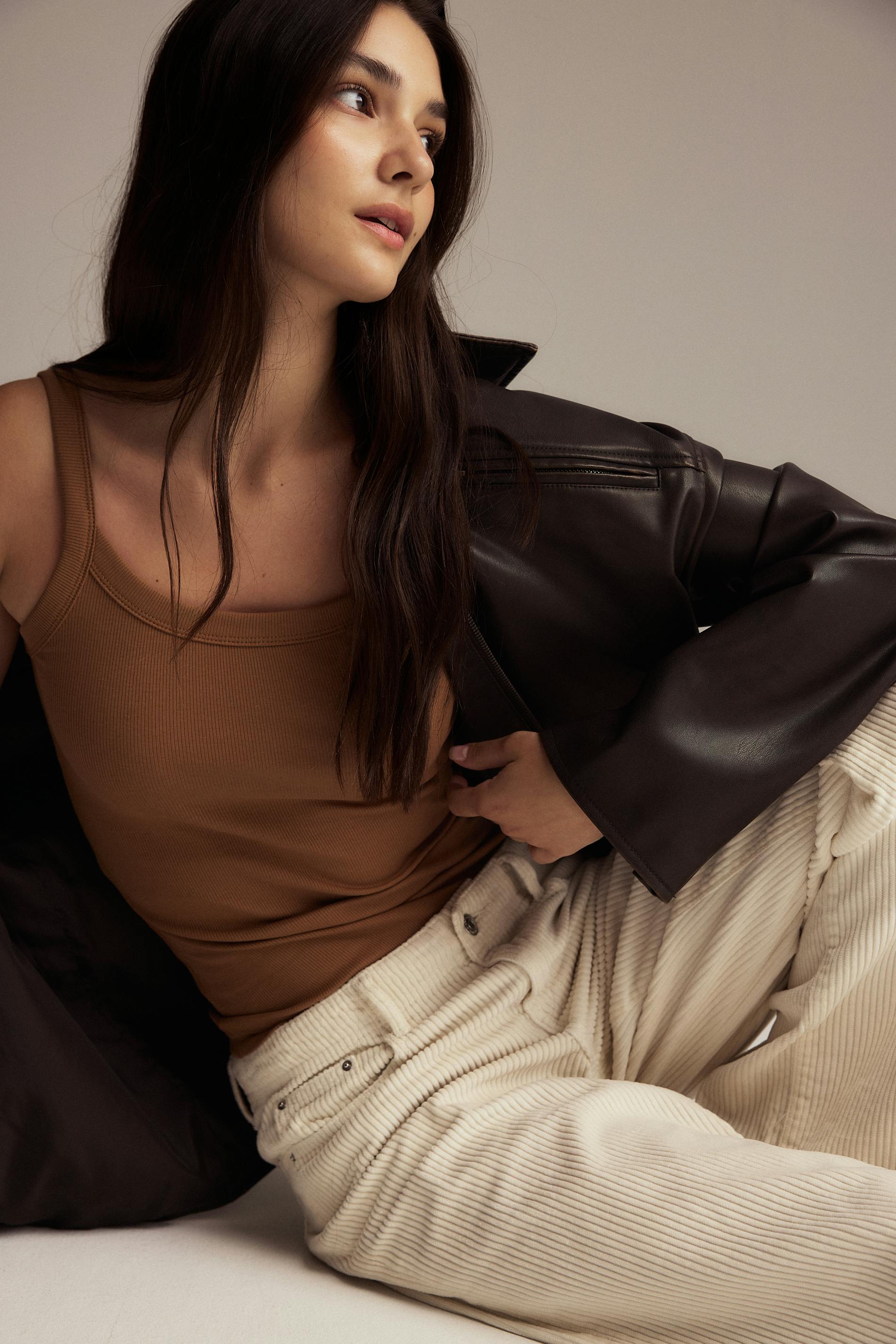 Gina Tricot - Tight fit rib singlet - Topjes - Bruin - L - Dames