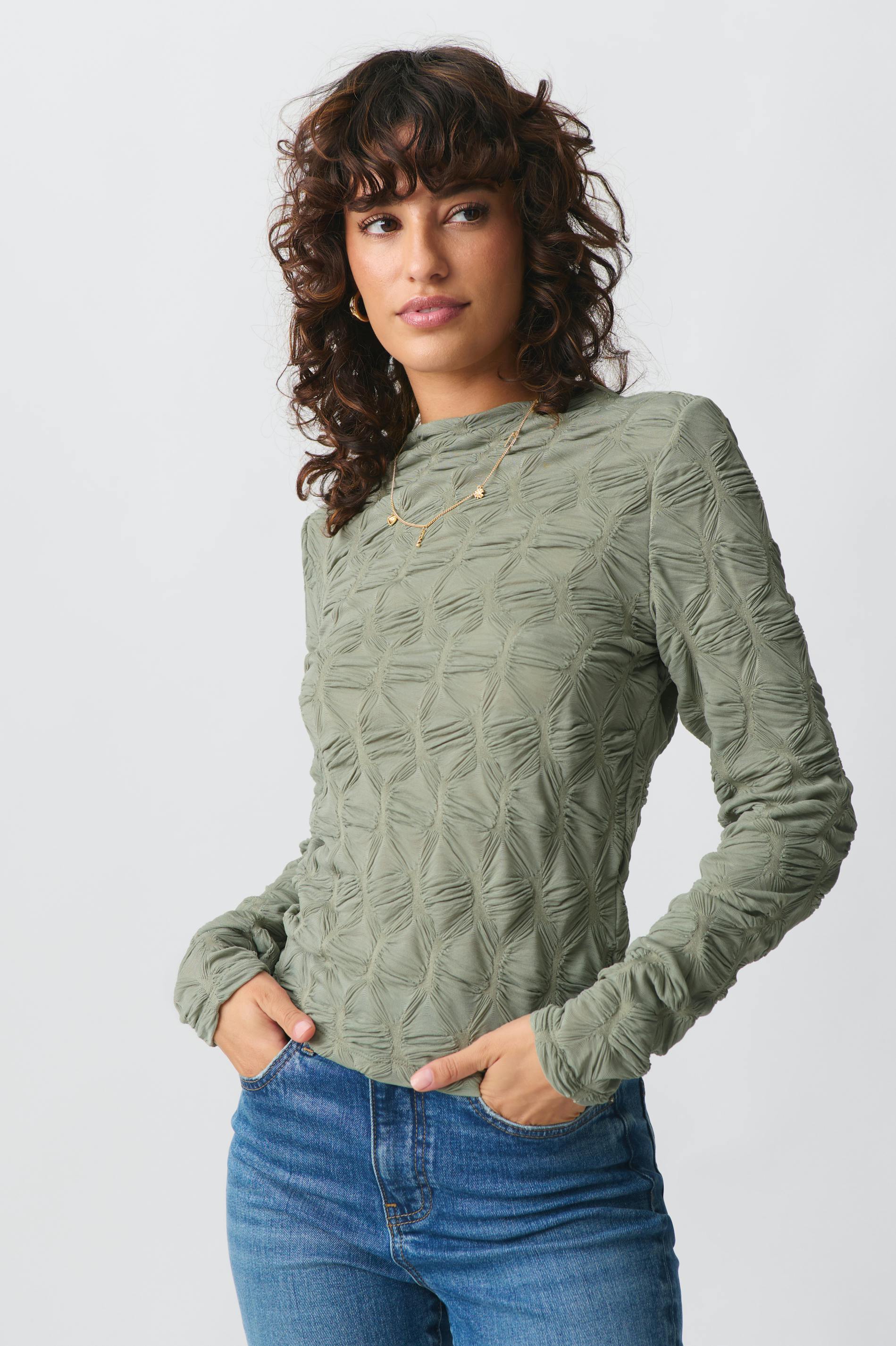 Structured long sleeve top - Green - Women - Gina Tricot