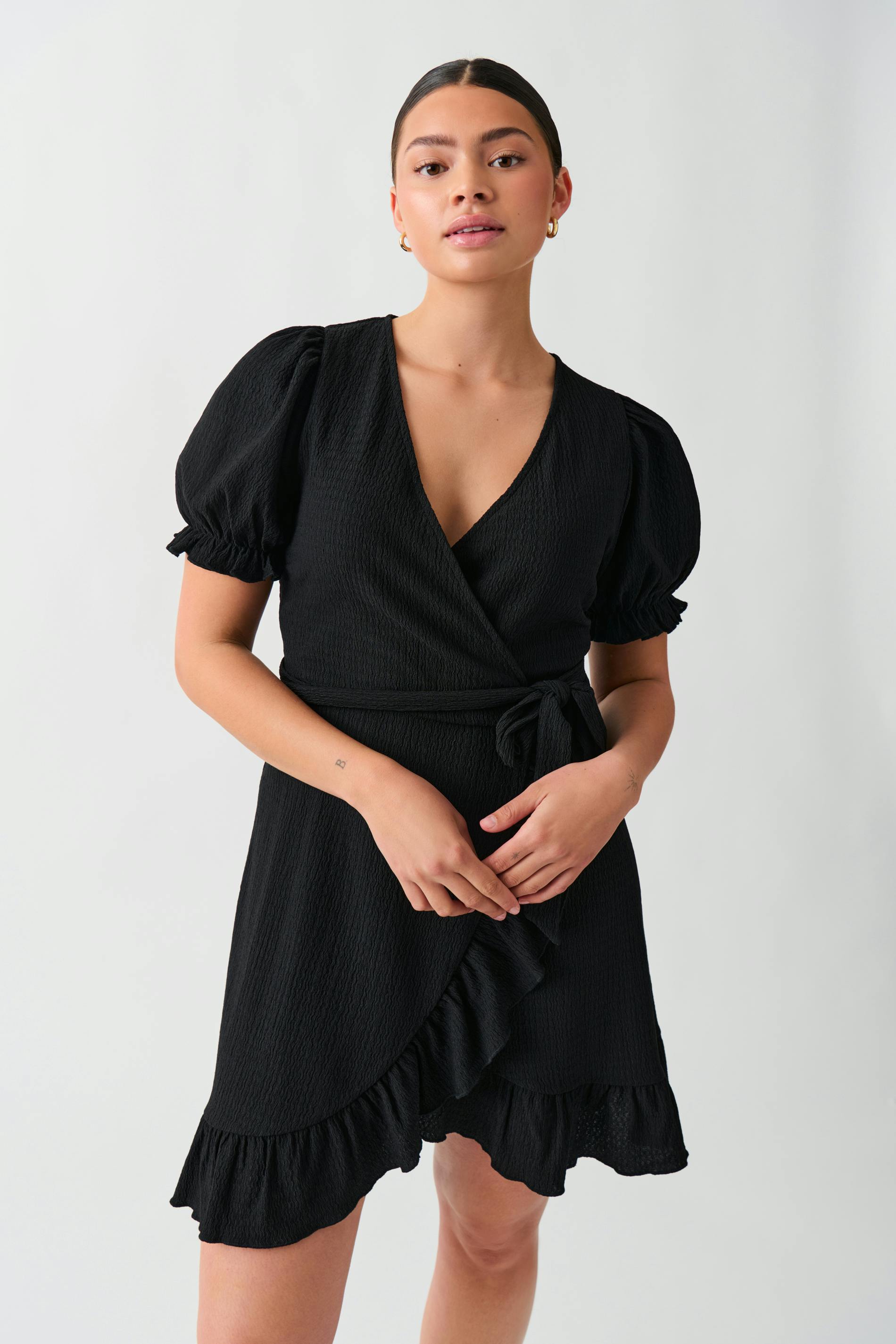 Black wrap frill dress deals