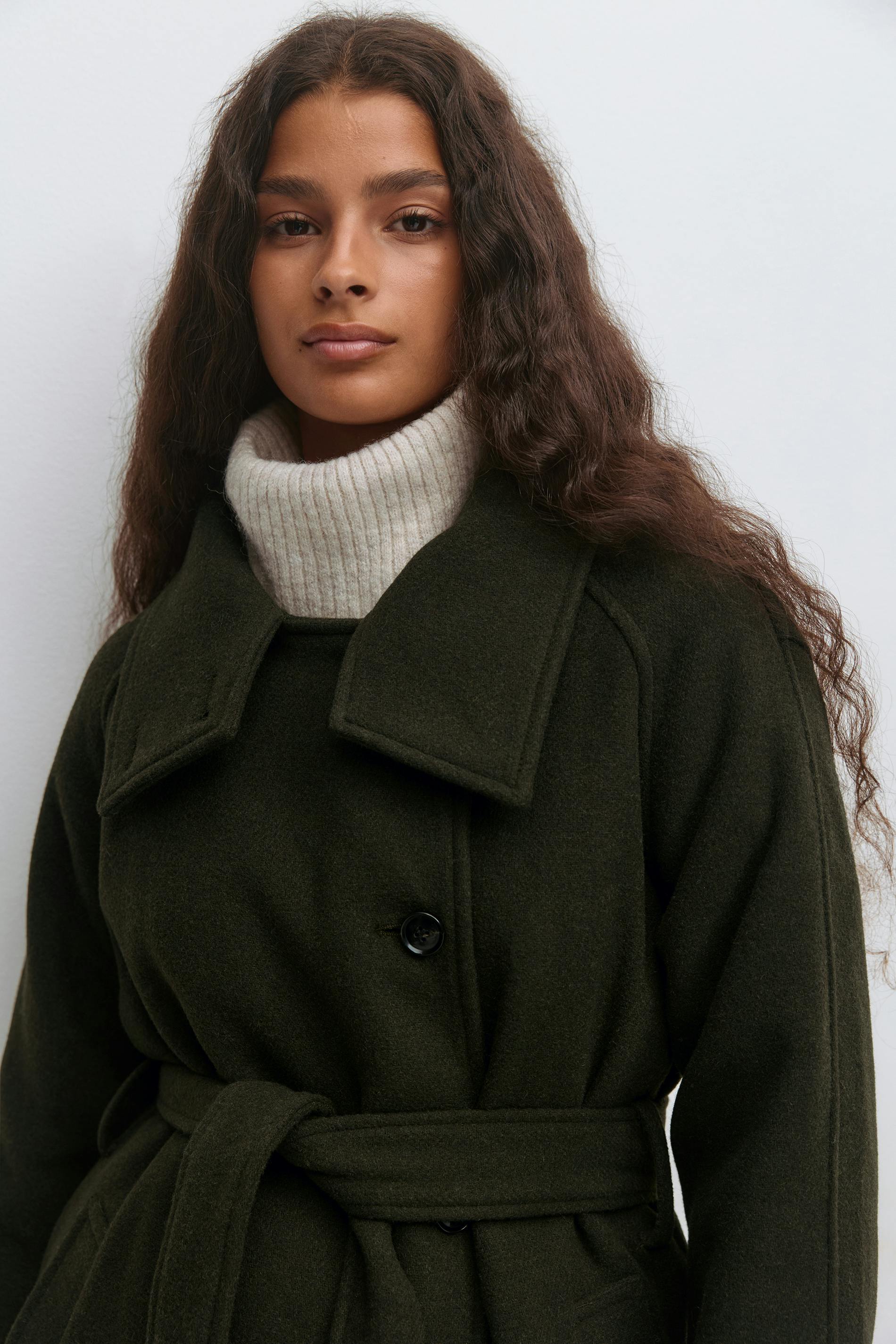 Belted wool blend coat Green Women Gina Tricot