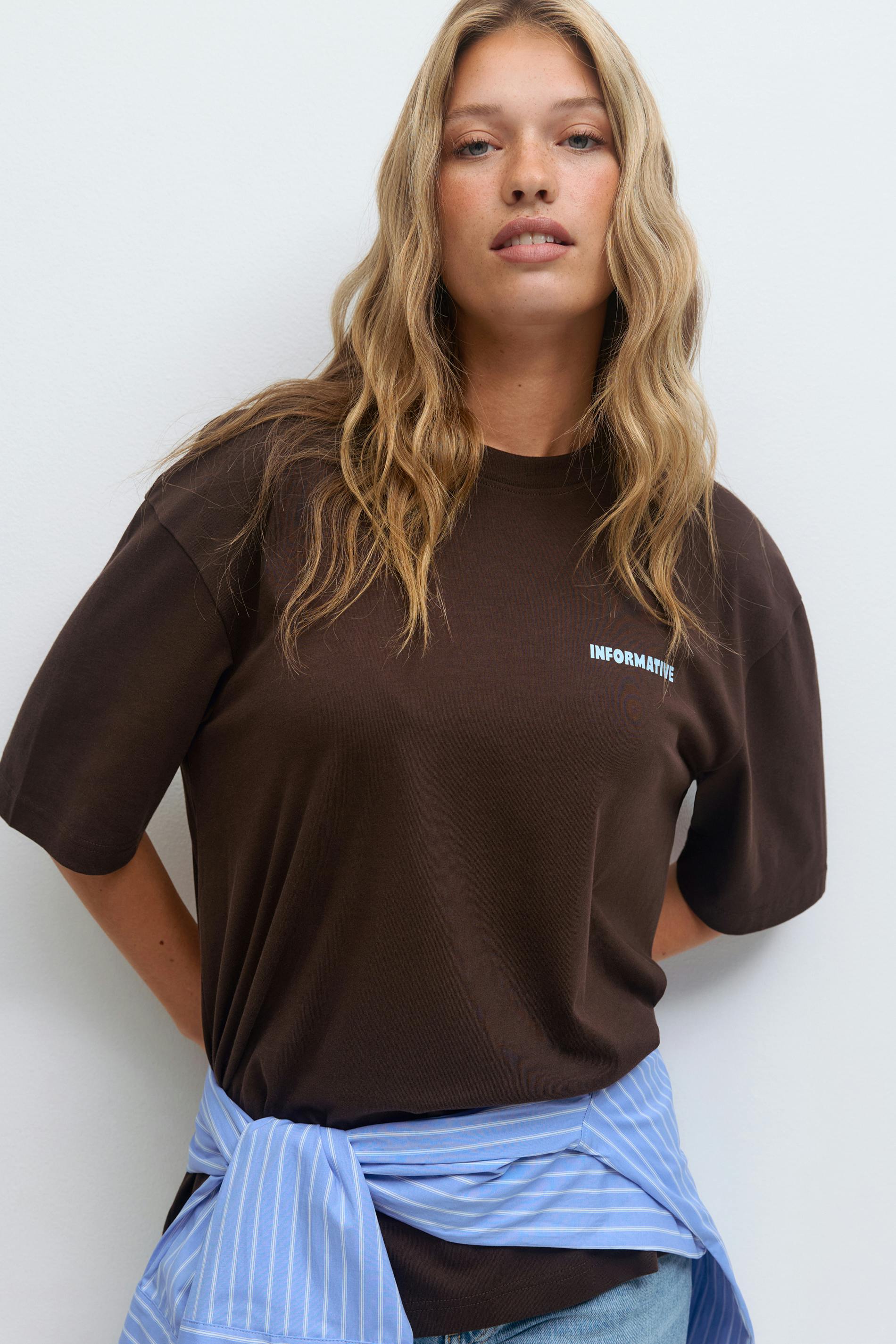 Gina Tricot - Printed oversized tee - T-shirts med tryck - Brun - L - Dam
