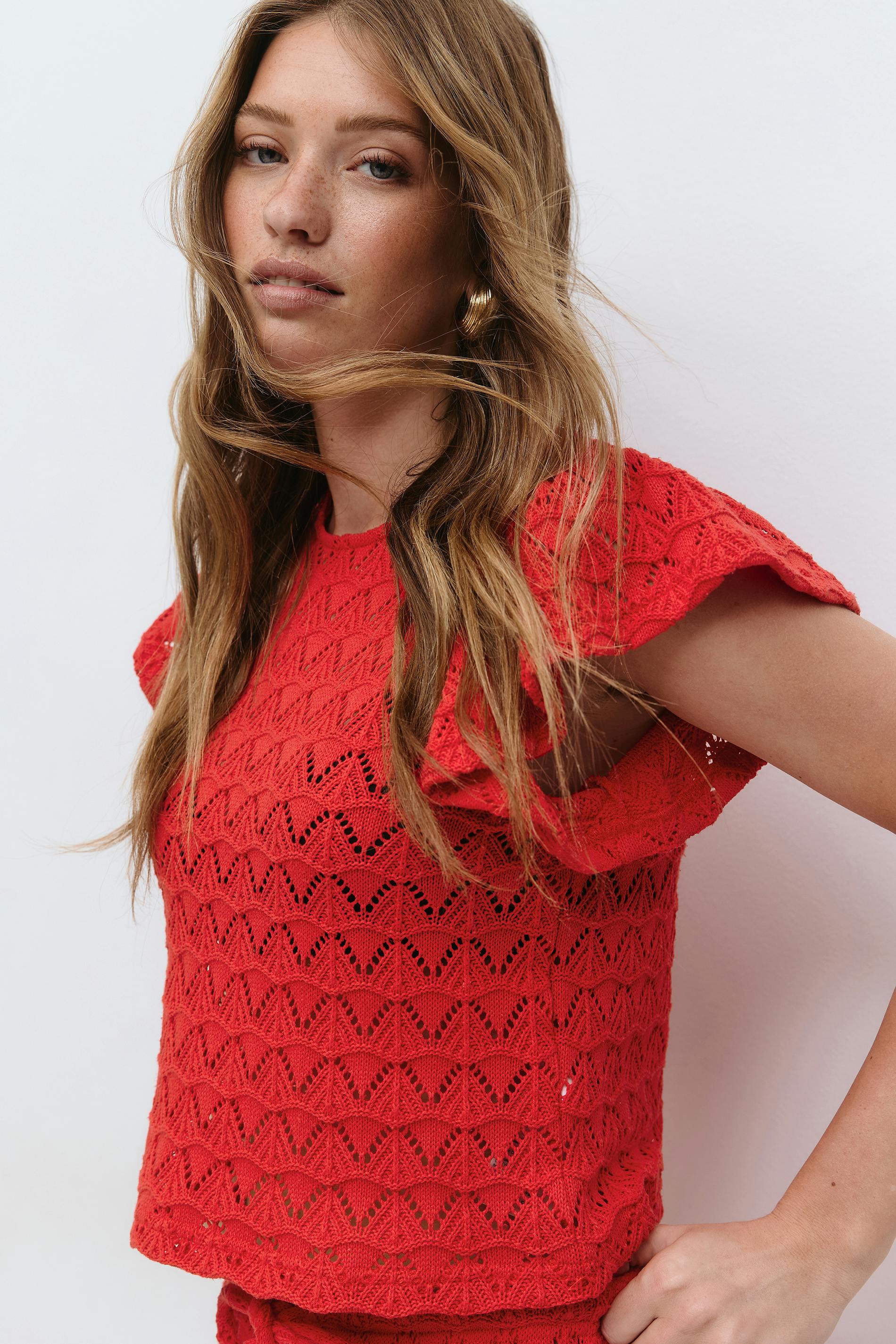 Gina Tricot - Crochet top - pulls en maille à manches courtes - Rouge - XXS - Femme