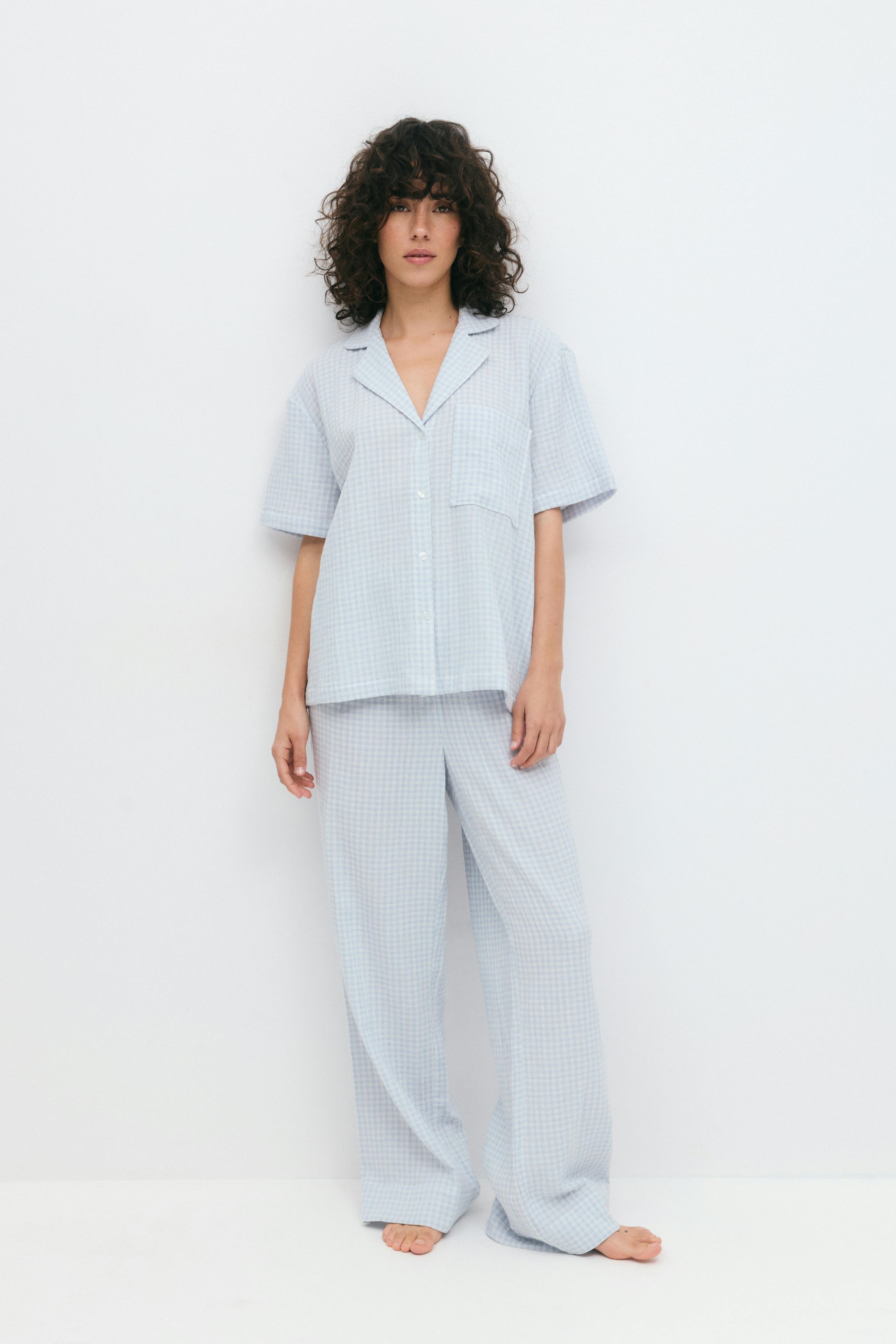 Läs mer om Gina Tricot - Gingham gauze homewear trousers - byxor - Blått - XL - Dam