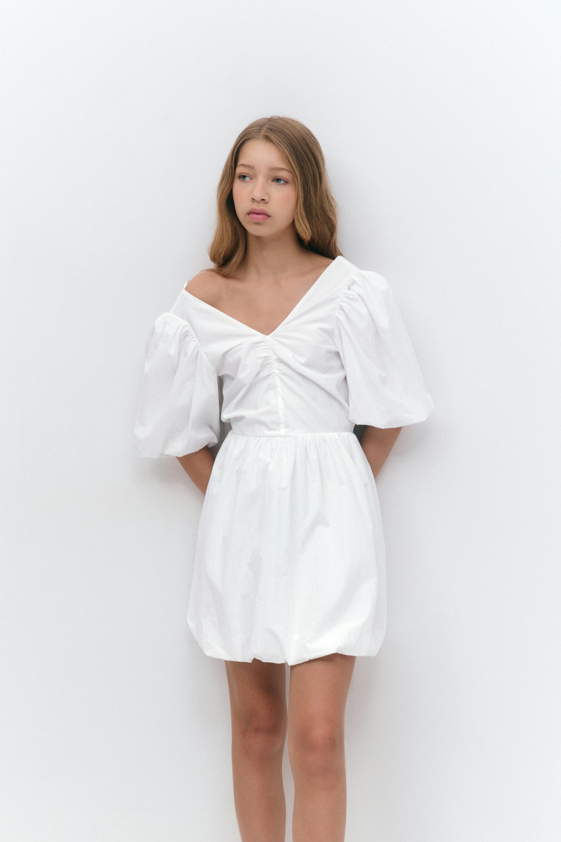 Gina Tricot - Y puff sleeve dress - jurken - Wit - 158/164 - Meisje