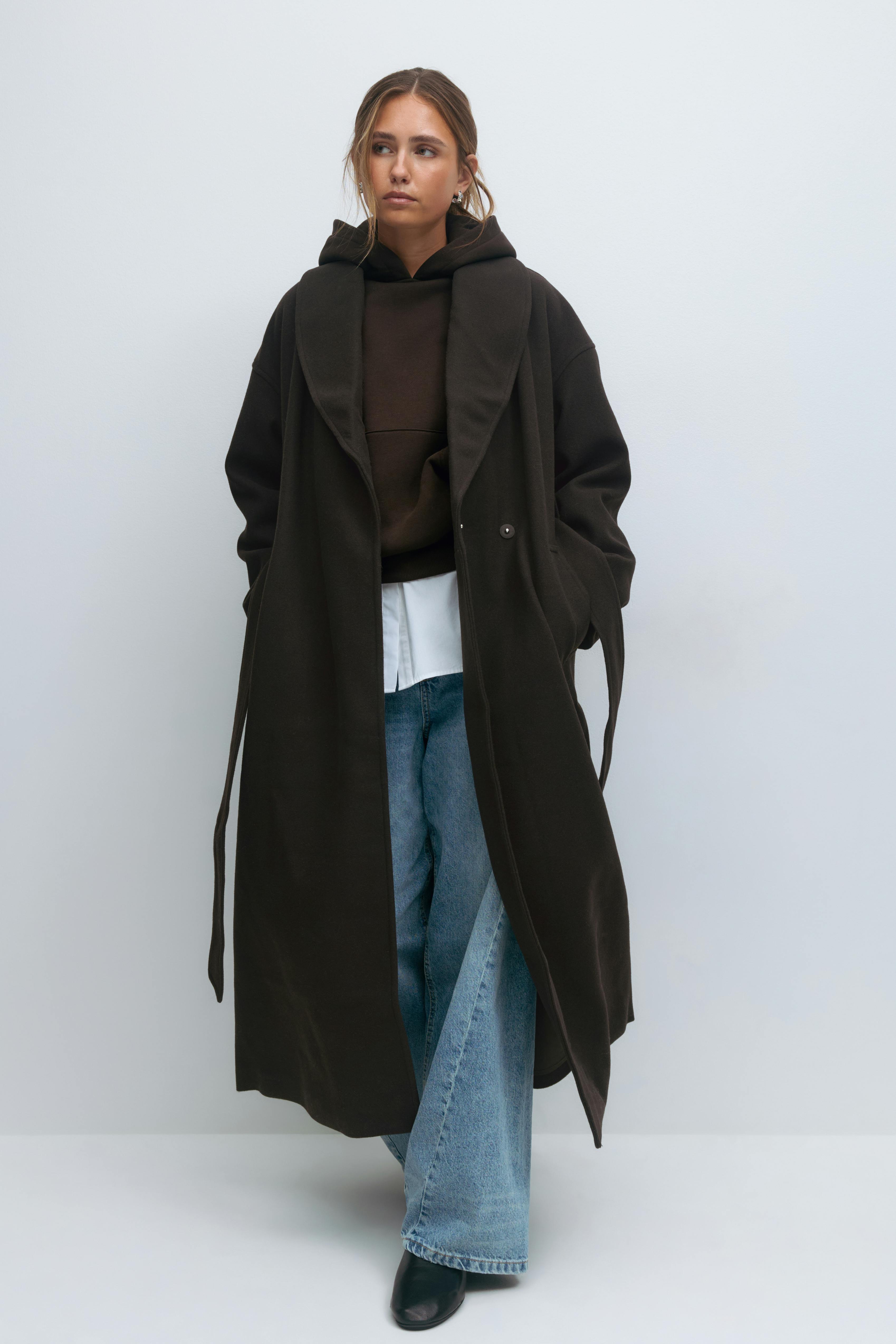 Shawl collar long coat - Brown - Women - Gina Tricot
