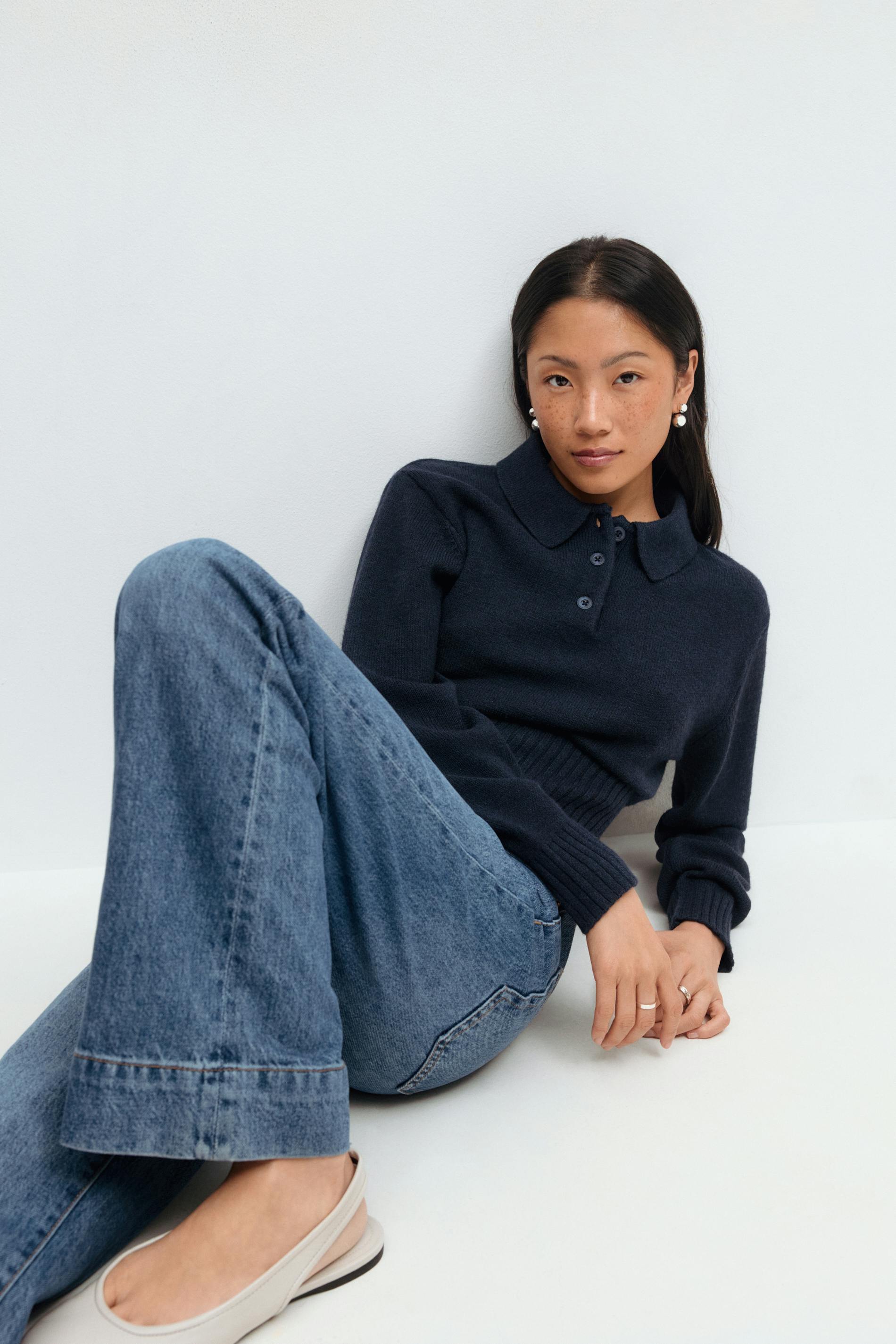 Gina Tricot - Collar knitted sweater - Polo - Bleu - XL - Femme