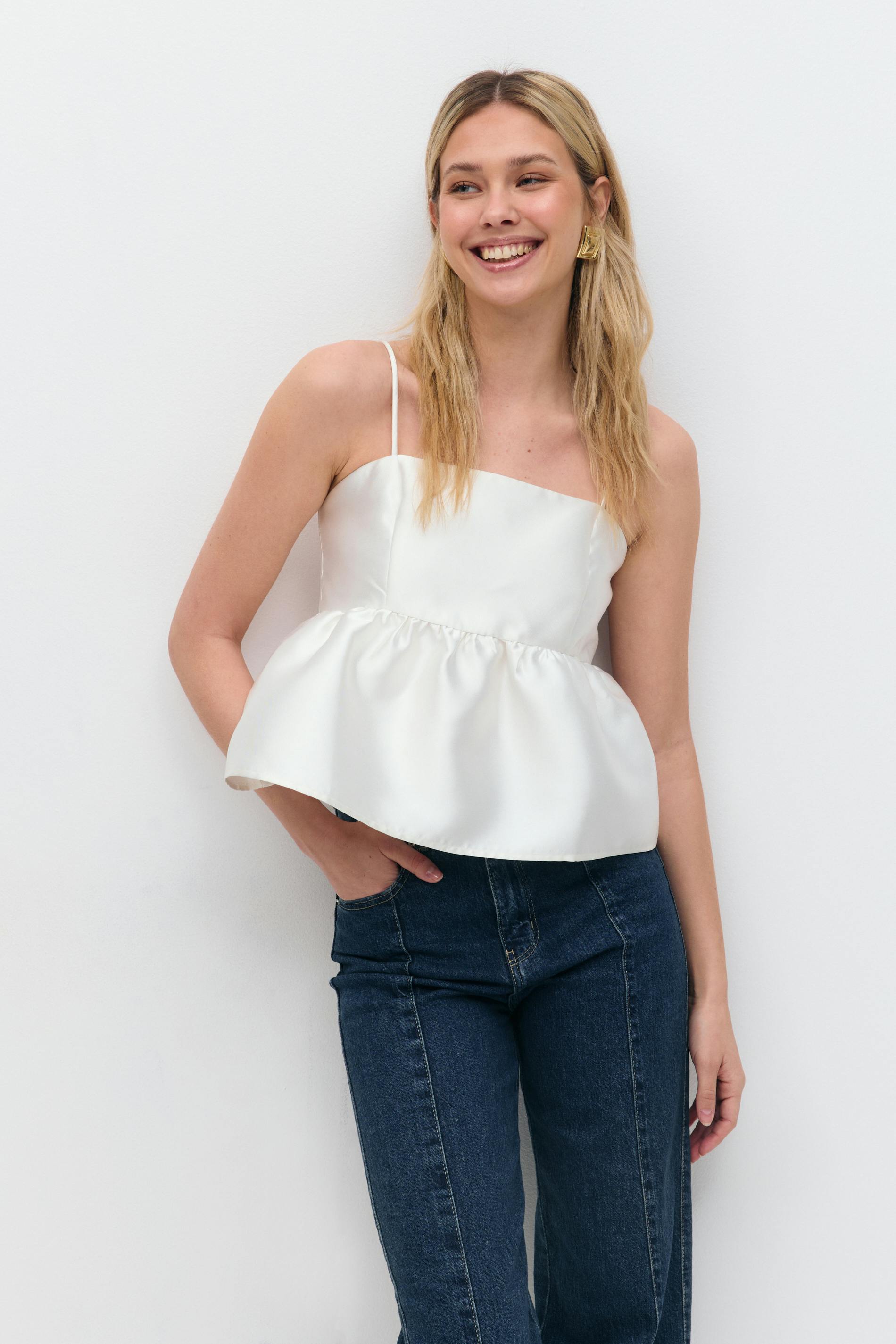 Gina Tricot - Shiny peplum top - linnen - Vit - S - Dam