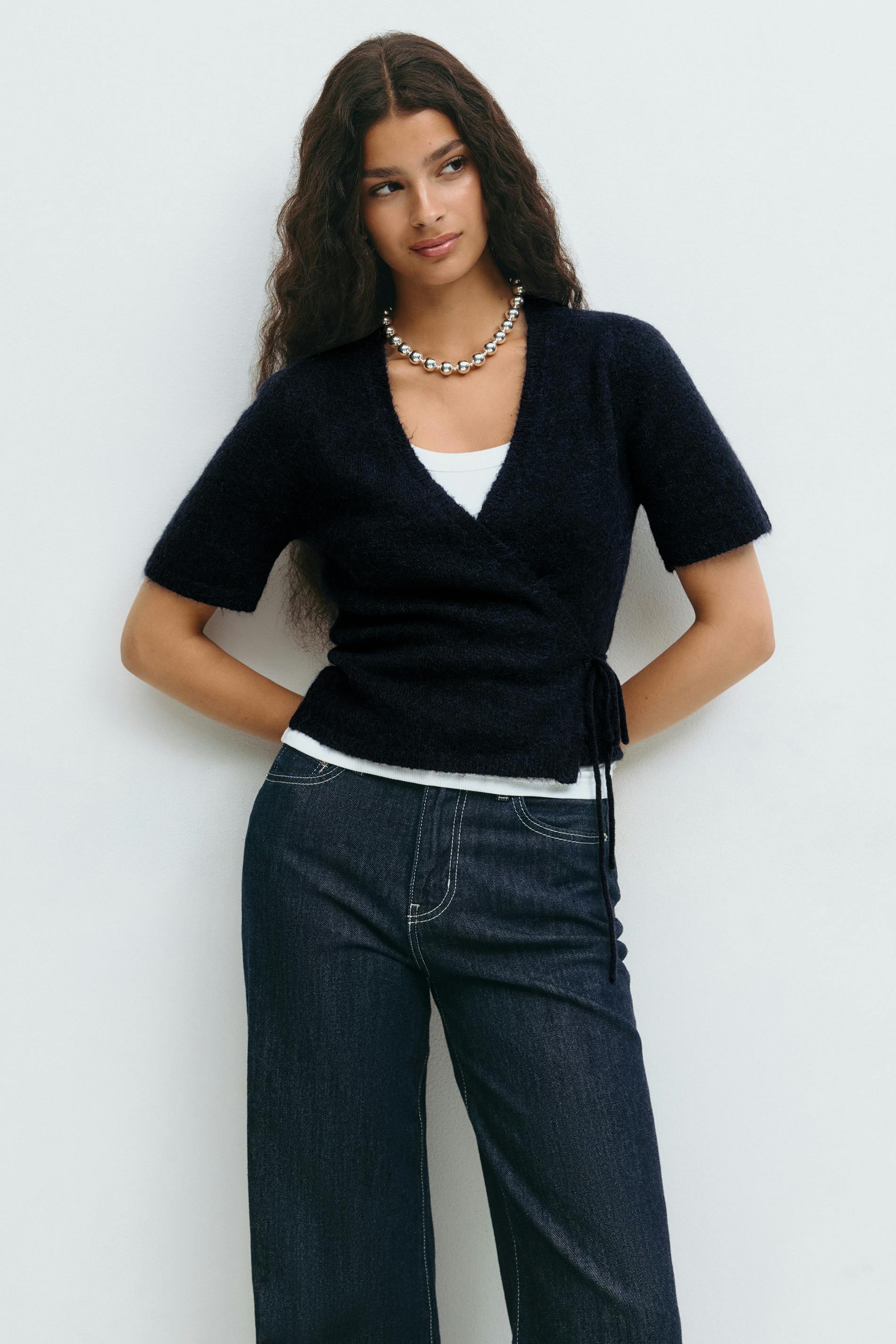 Gina Tricot - Knitted wrap top - wikkeltops - Blauw - M - Dames