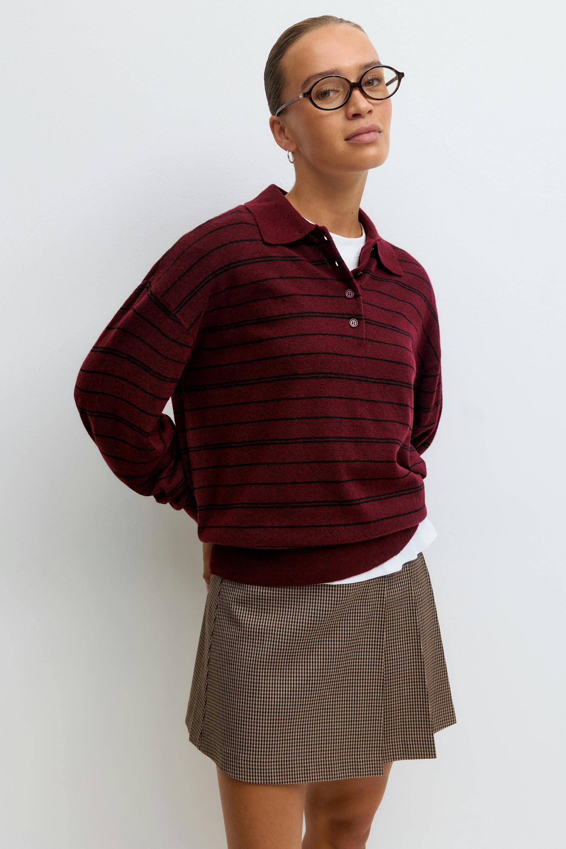 Gina Tricot - Striped collar knitted sweater - Polo - Rouge - M - Femme