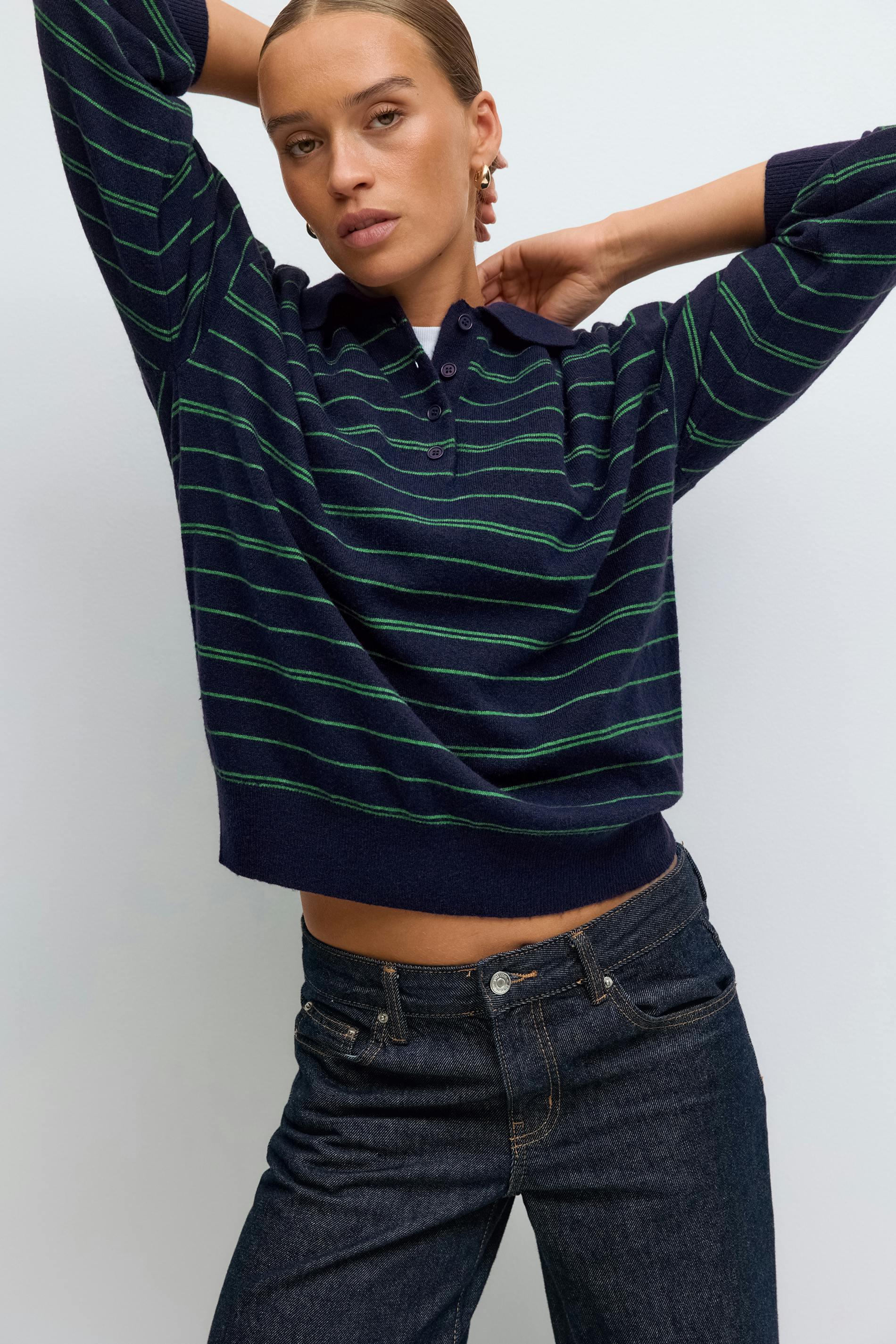 Gina Tricot - Striped collar knitted sweater - Polo - Bleu - XL - Femme