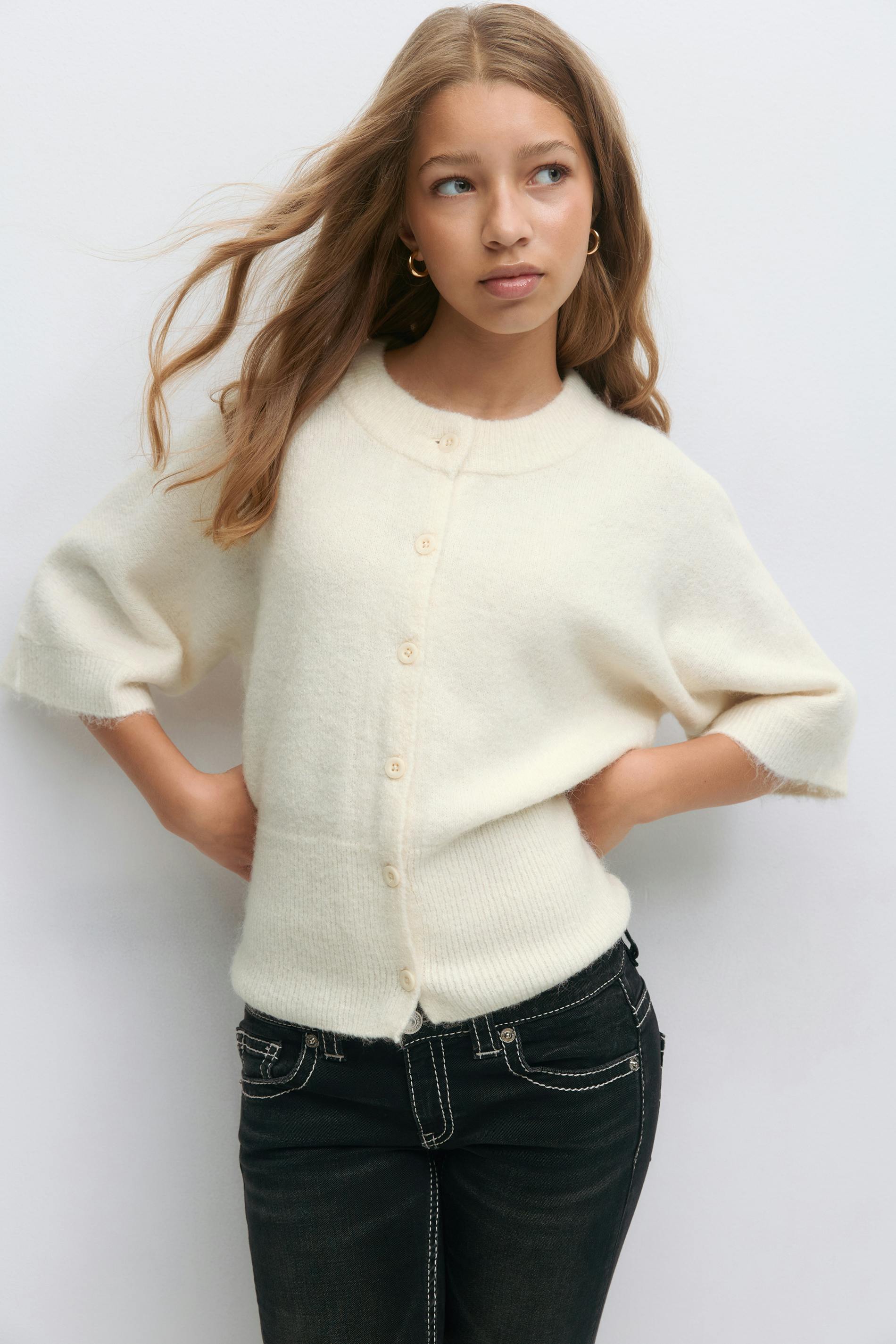 Gina Tricot - Y knitted short sleeve top - gebreide truien - Wit - 170 - Meisje