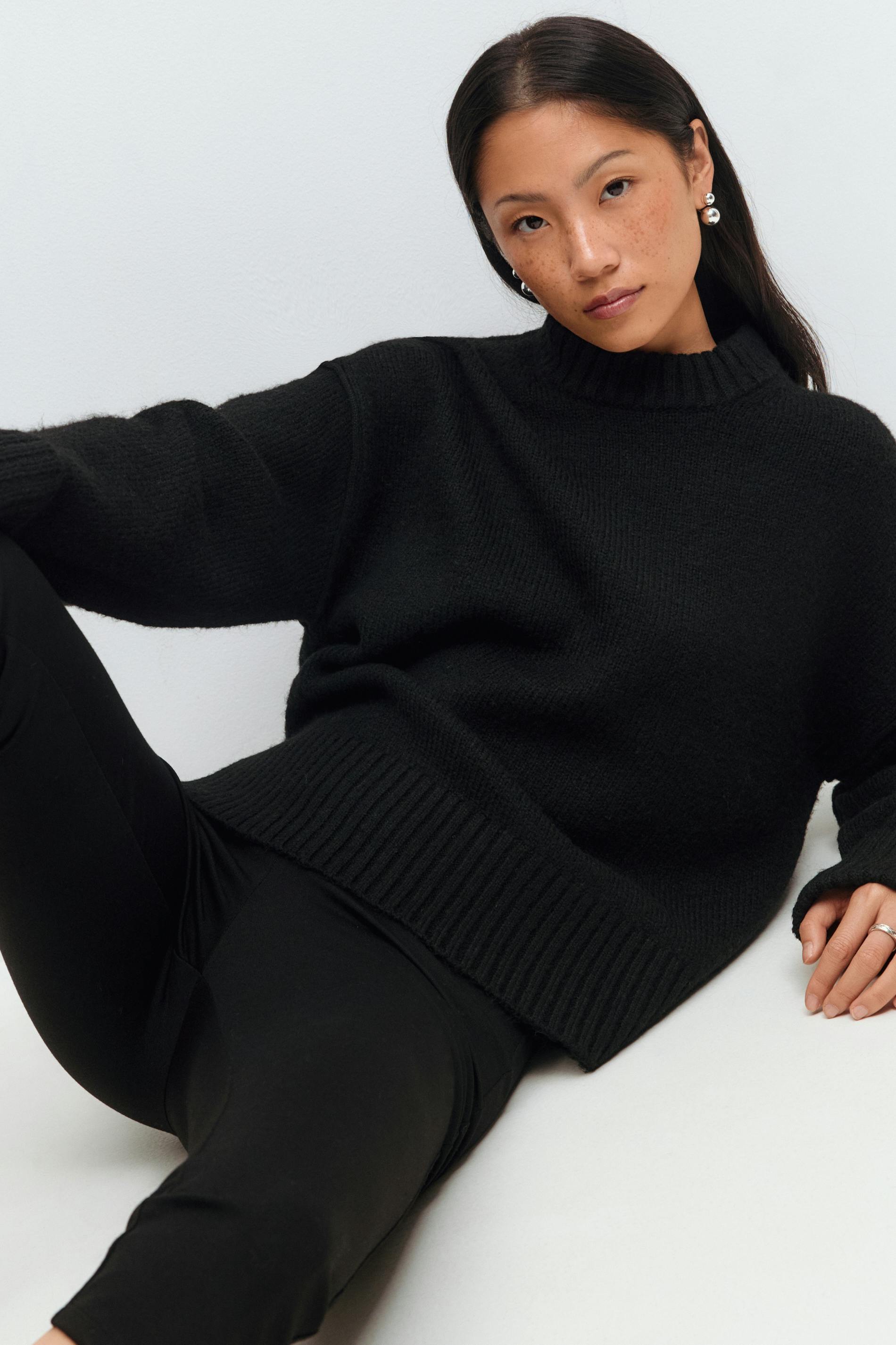 Gina Tricot - Folded sleeve knitted sweater - Gebreide truien - Zwart - XS - Dames