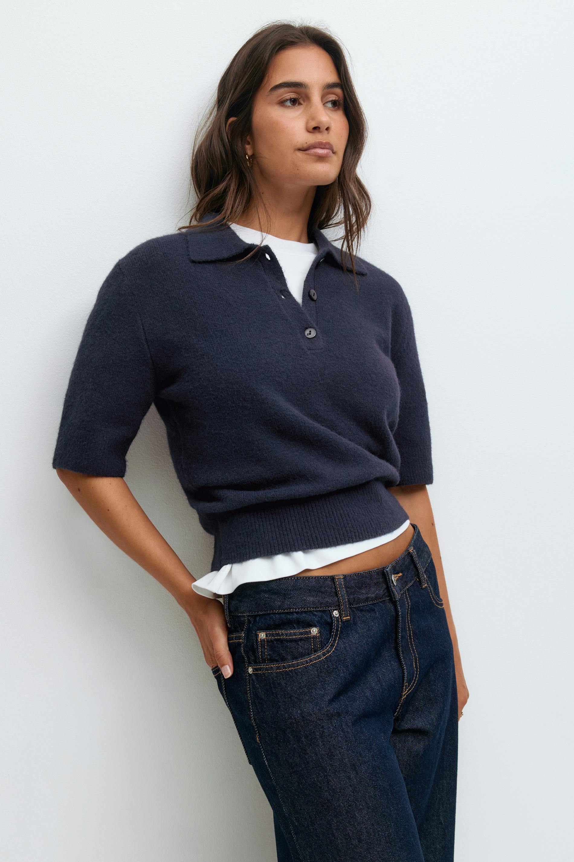 Gina Tricot - Short sleeve knit collar top - pulls en maille à manches courtes - Bleu - XL - Femme