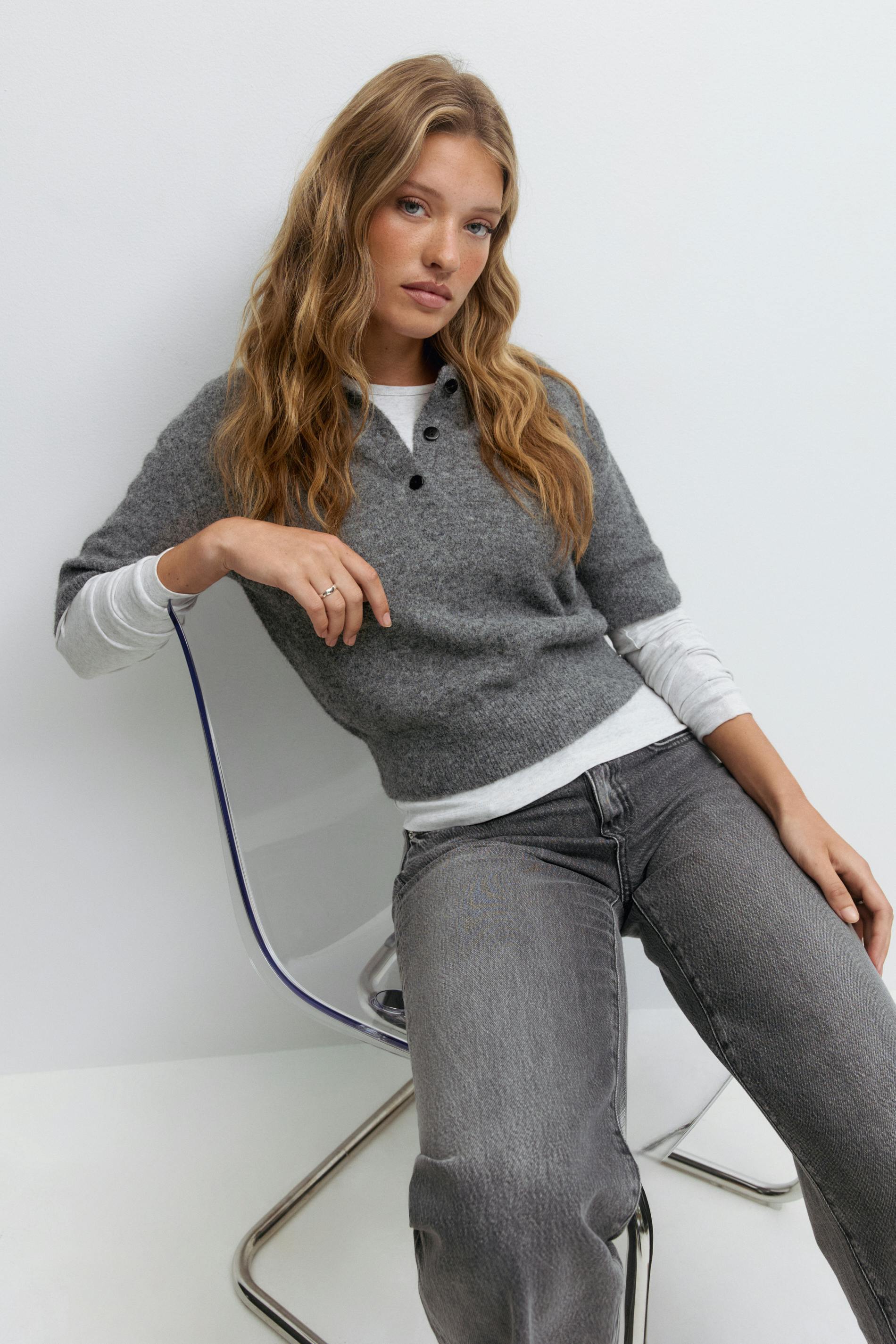 Gina Tricot - Short sleeve knit collar top - pulls en maille à manches courtes - Gris - XS - Femme
