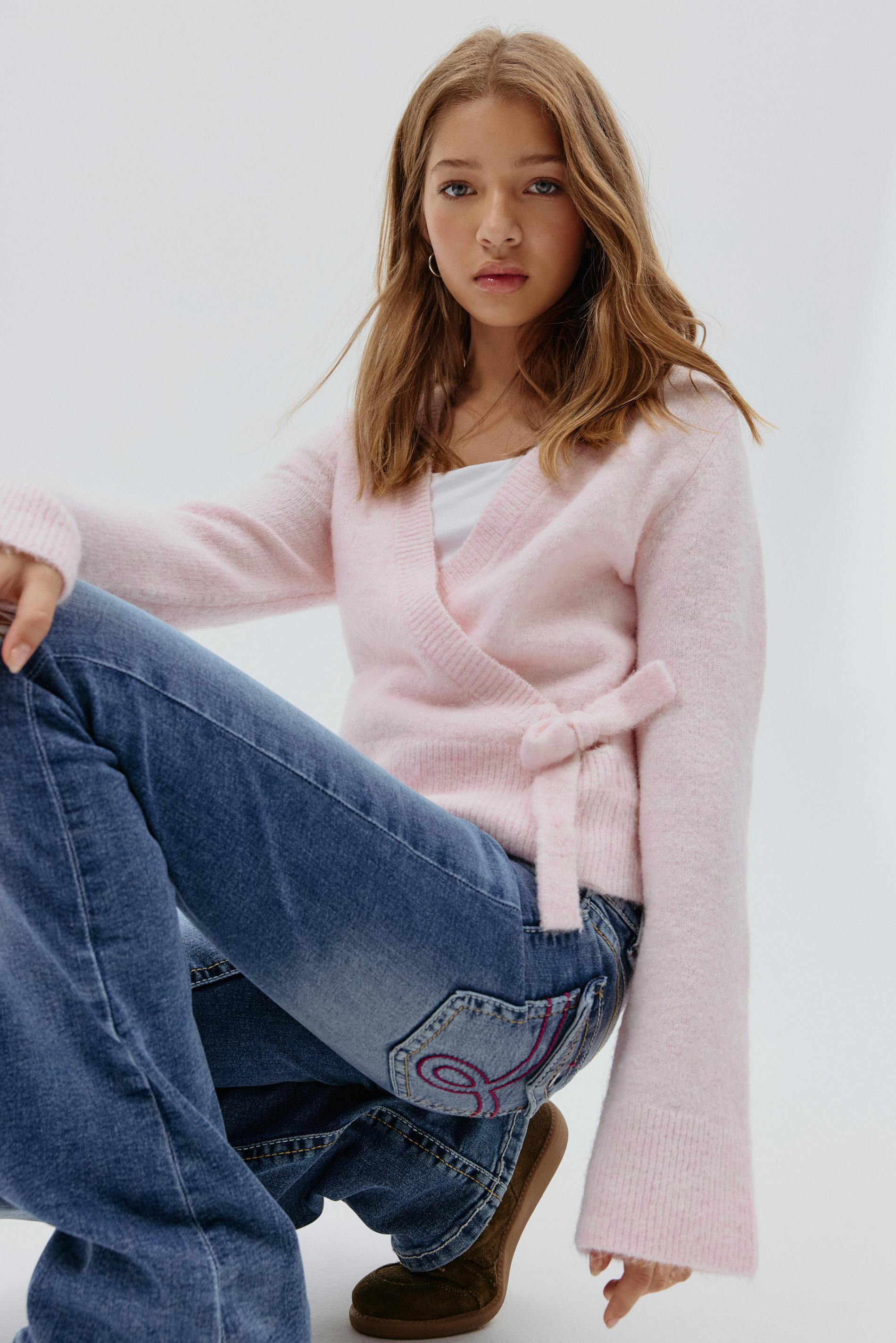 Gina Tricot - Y wrap cardigan - gebreide truien - Roze - 146/152 - Meisje