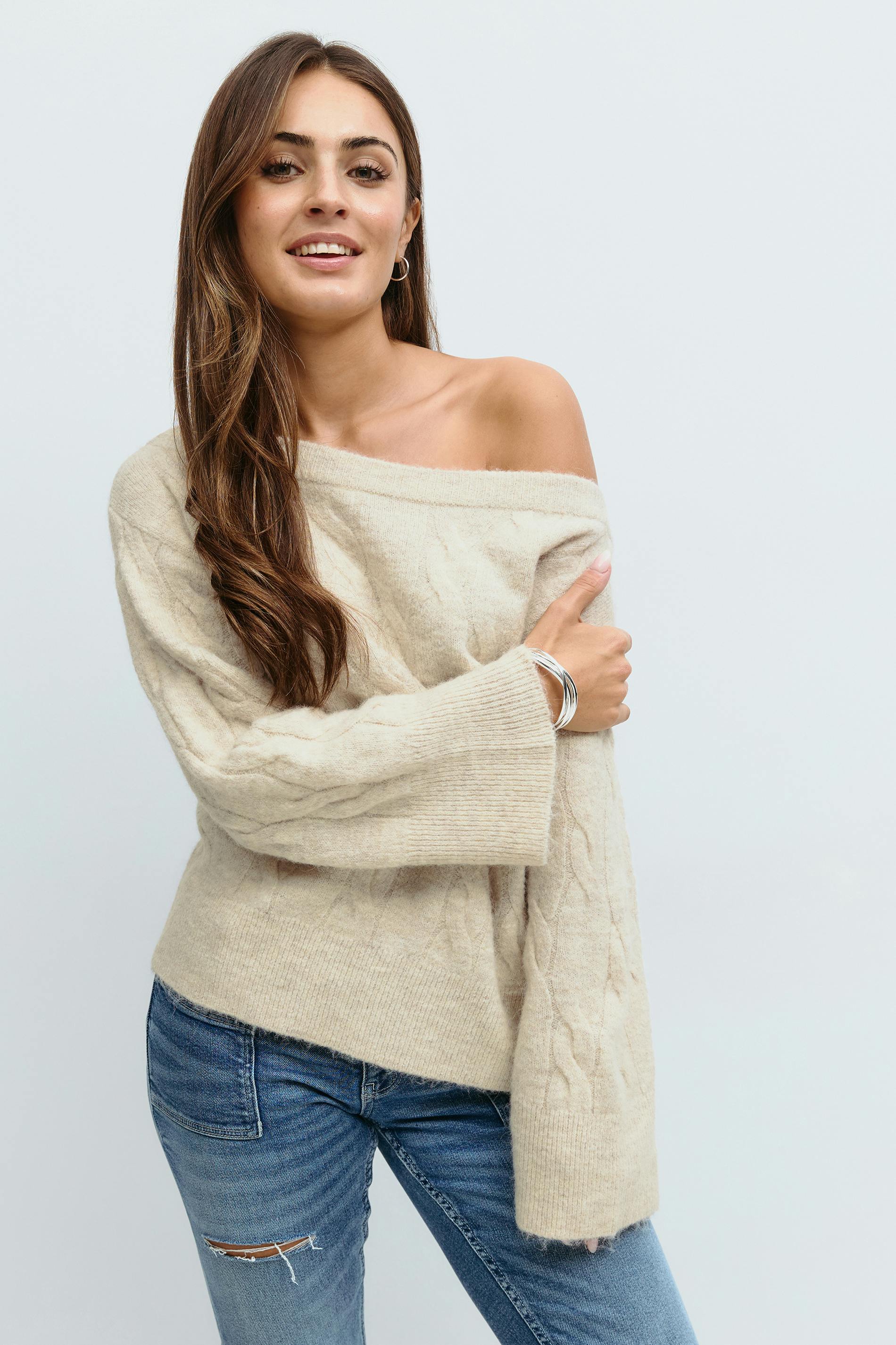 Gina Tricot - Y cable knitted sweater - gensere - Beige - XS - Dame