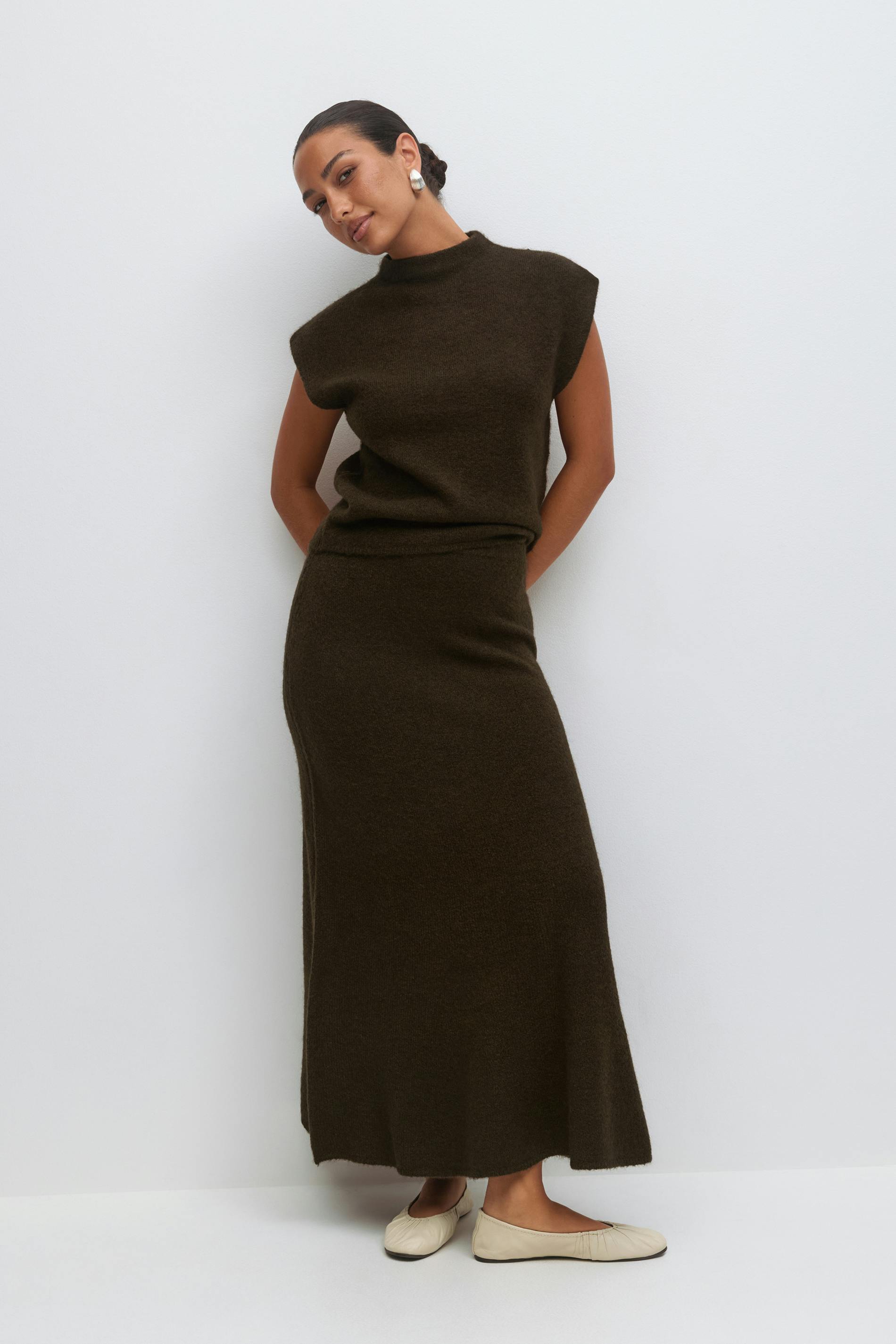 Gina Tricot - Wide knitted skirt - jupes en maille - Marron - M - Femme