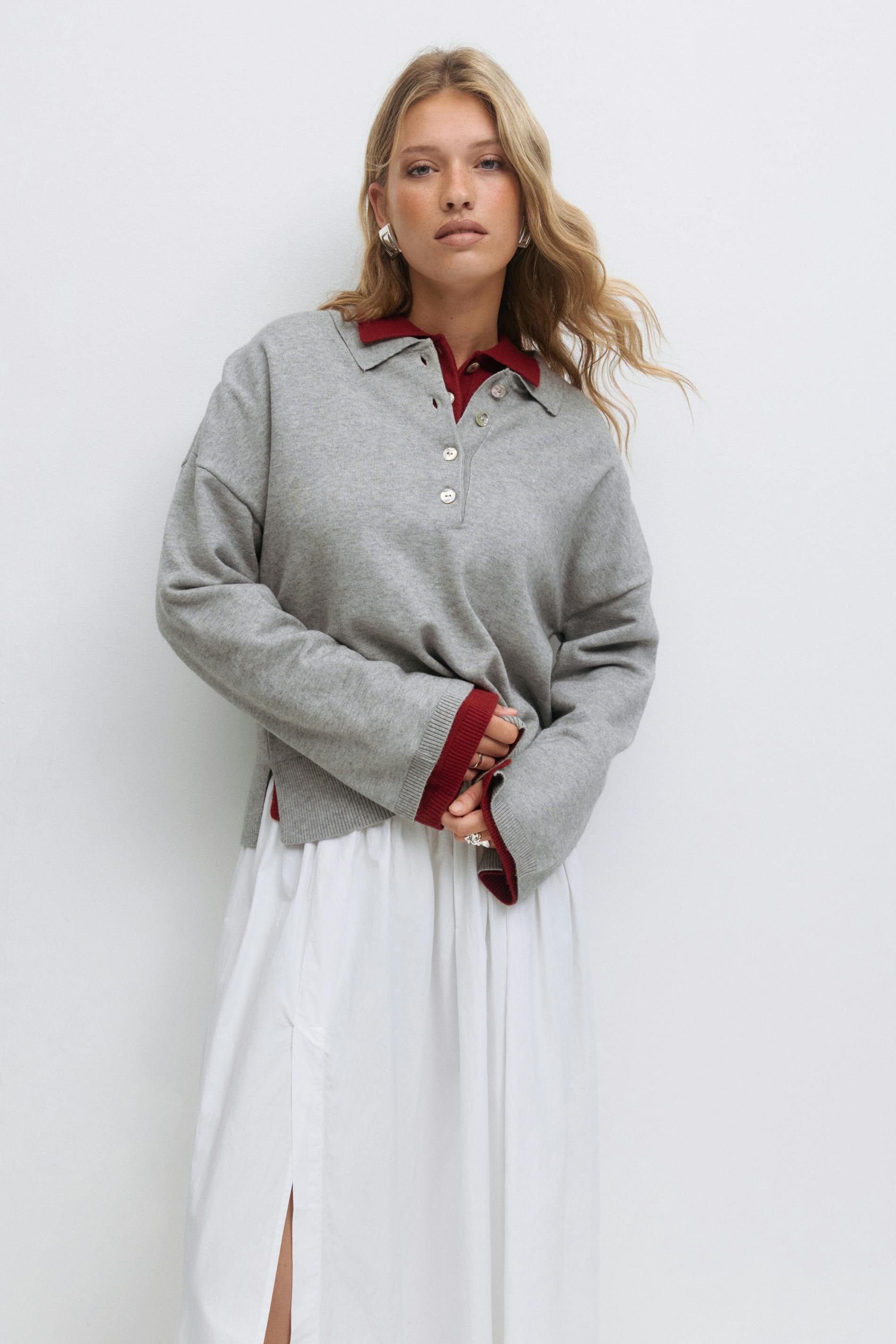 Gina Tricot - Knitted collar sweater - Polo - Gris - XS - Femme