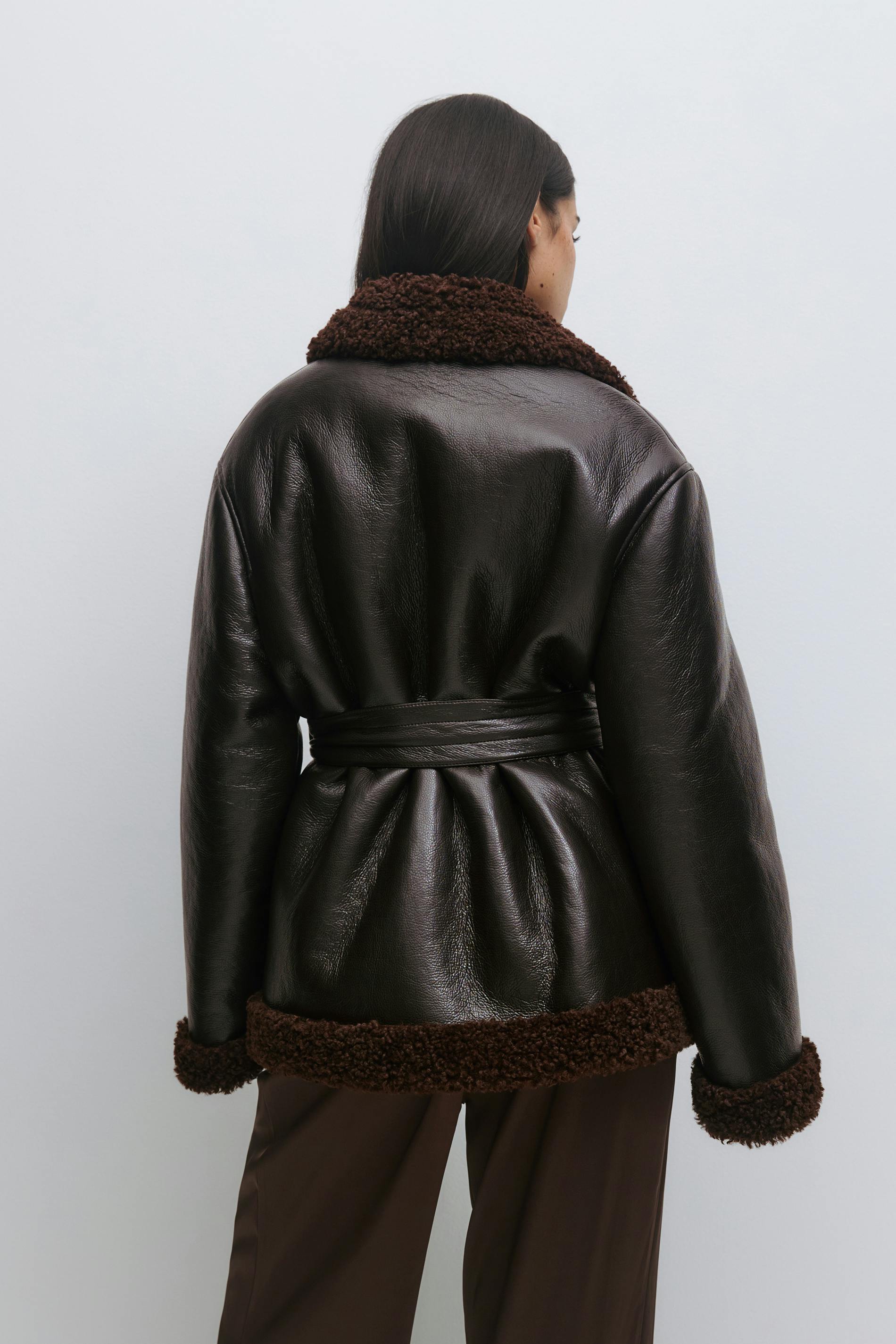 Teddy pu belted jacket Marron Femme Gina Tricot