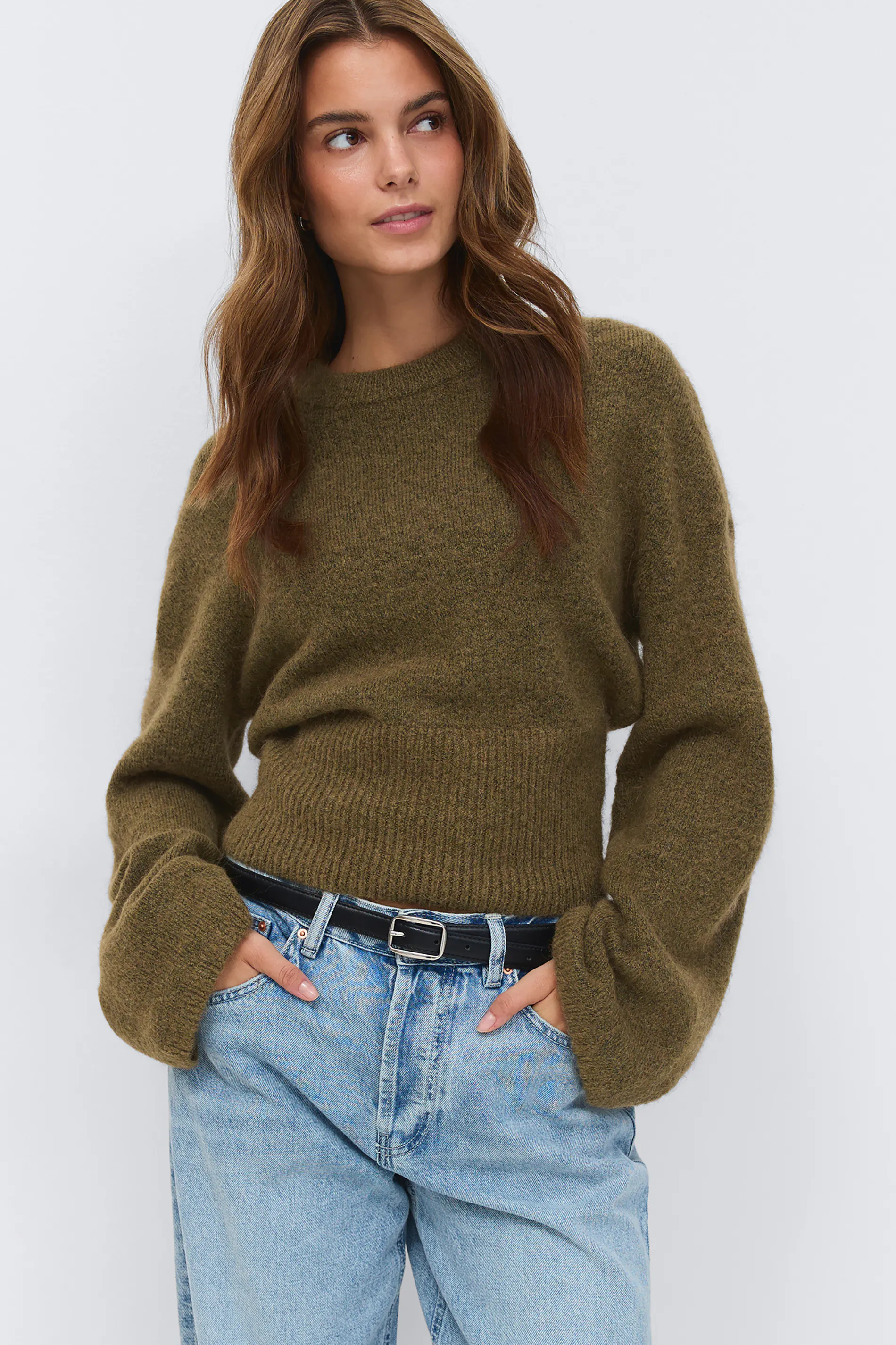 Gina Tricot - Wide sleeve knitted sweater - Striktrøjer - Grøn - XS - Dame