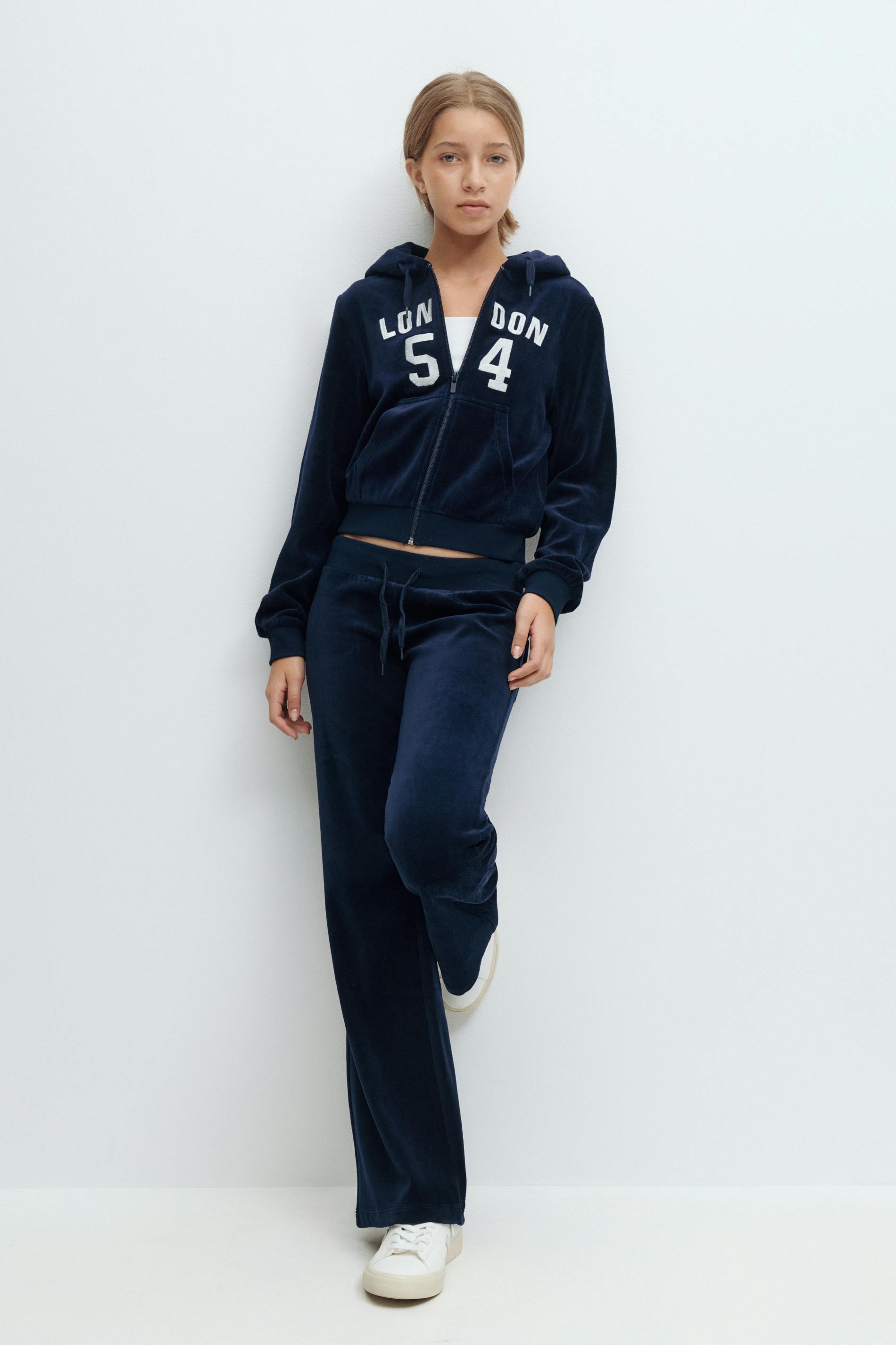 Gina Tricot - Y velour zip hood - homewear - Bleu - 146/152 - Fille