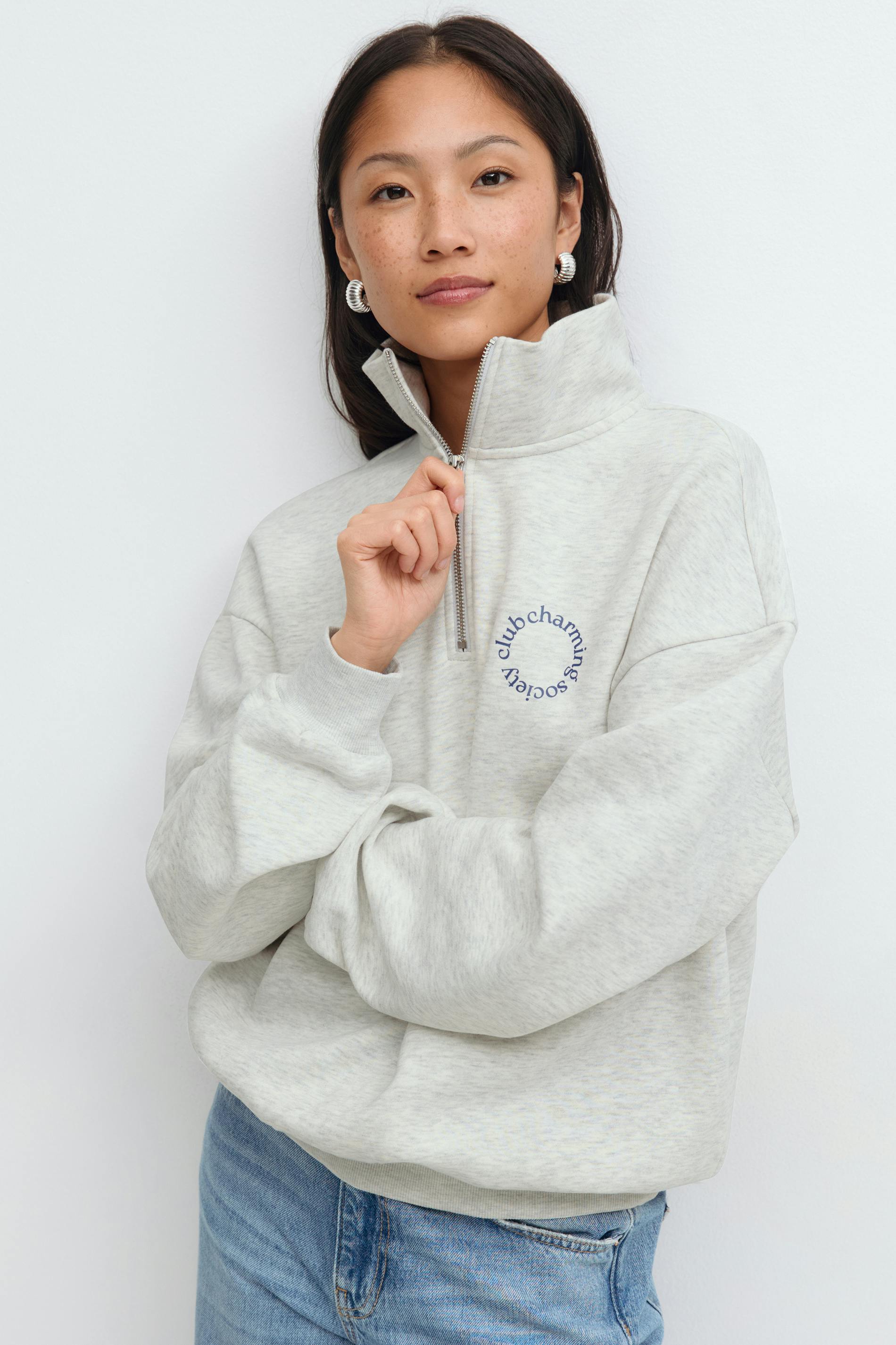 Gina Tricot - Half zip sweater - collegetröjor - Grå - L - Dam