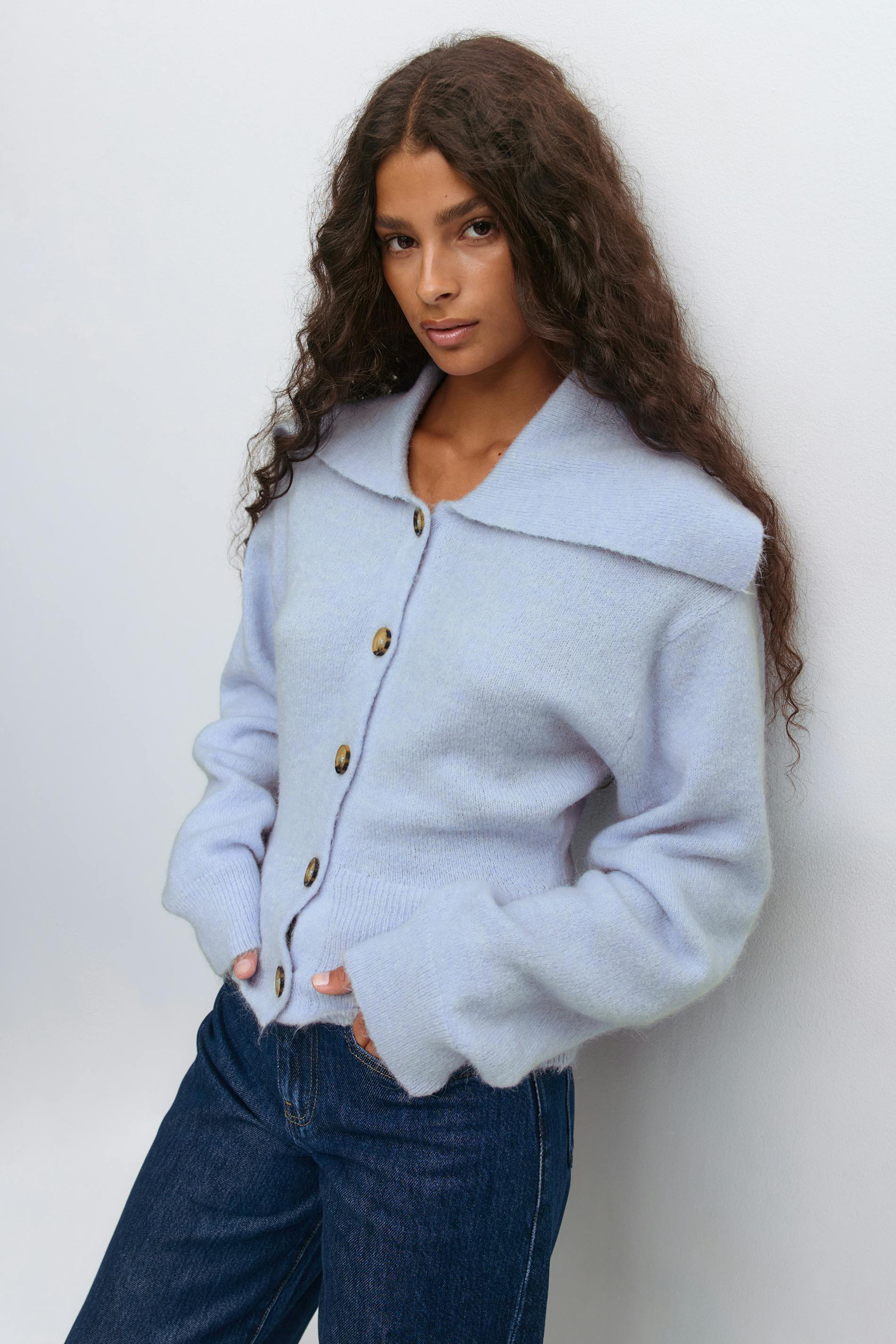 Knitted wrap cardigan - Blue - Women - Gina Tricot