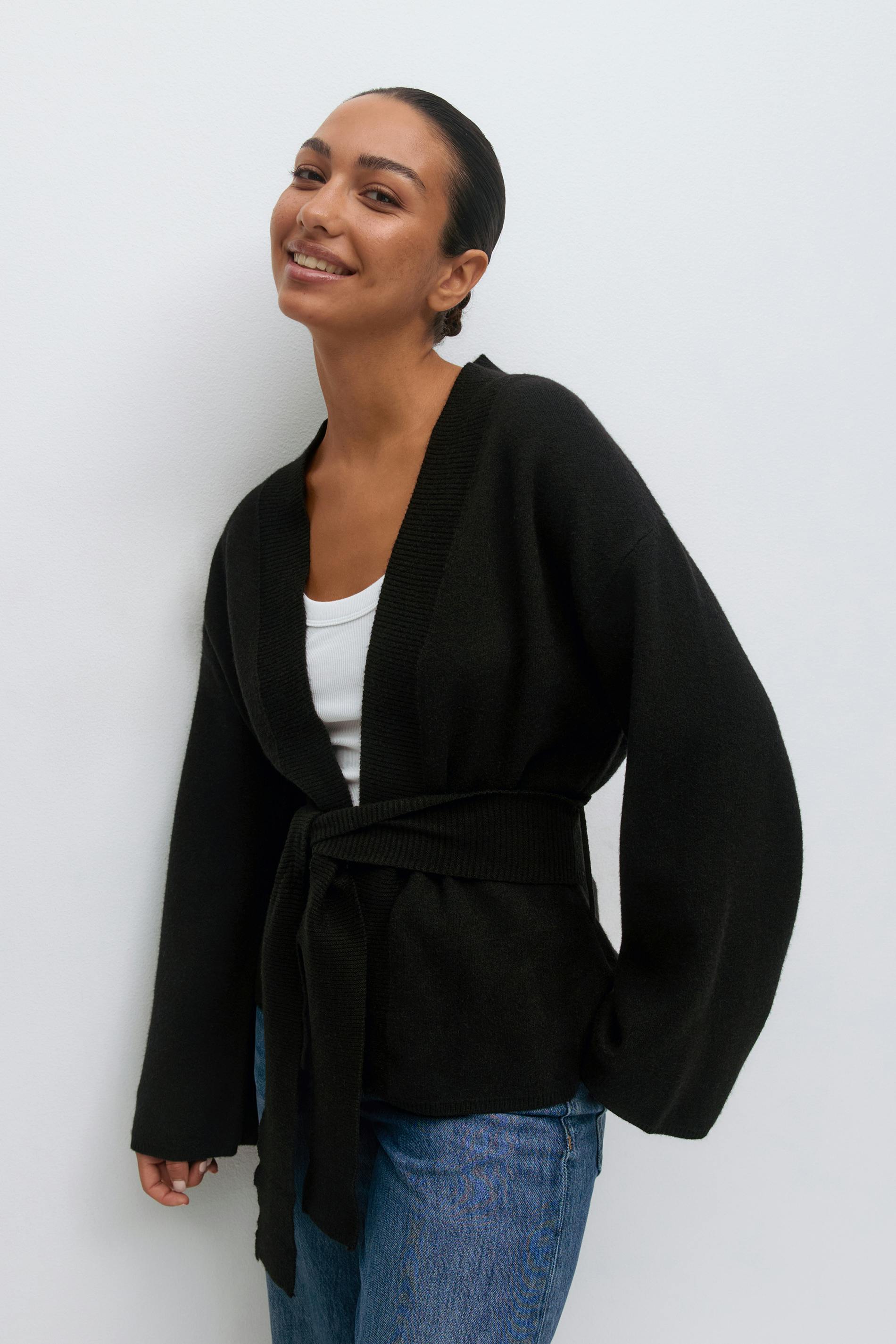 Gina Tricot - Knitted wrap kimono - Vesten - Zwart - S - Dames