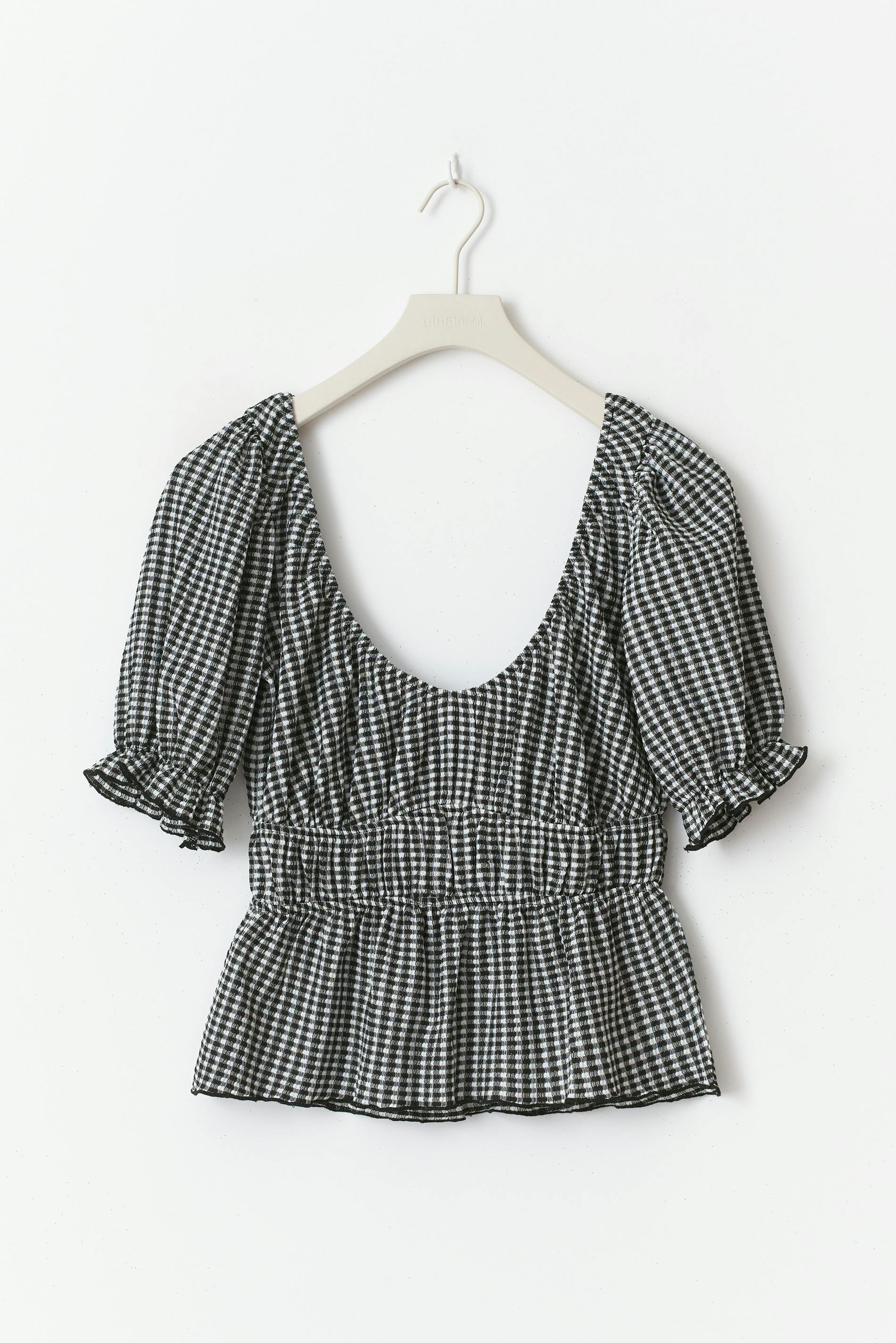 売れ筋商品|||エラン カットソー トップス レディース Women's Seersucker Tie-Front Puff-Sleeve Top Black Gingham エラン レディース カットソー トップス Women's Seersucker Tie