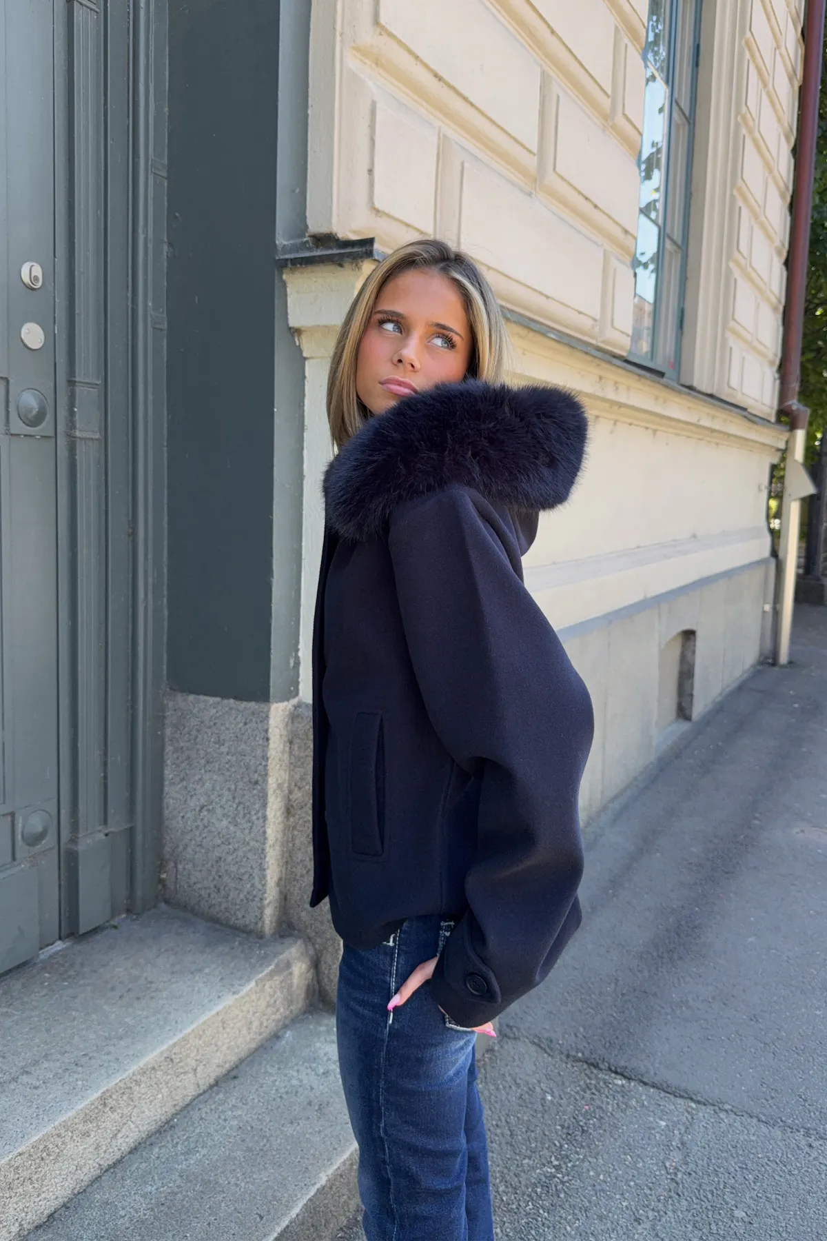 Y fur felt jacket - Blue - Gina Tricot
