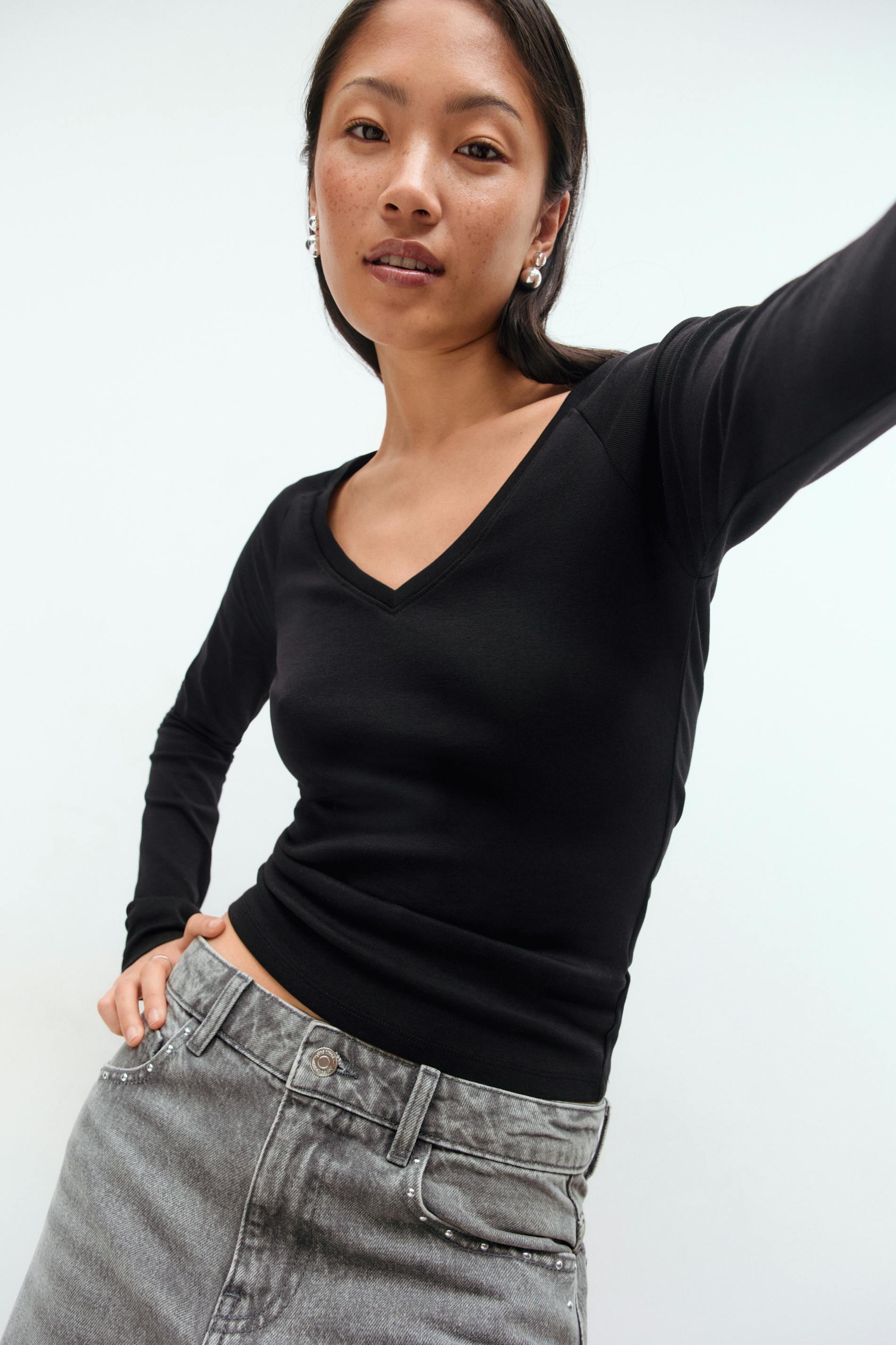 Gina Tricot - V-neck top - Tops à manches longues - Noir - L - Femme