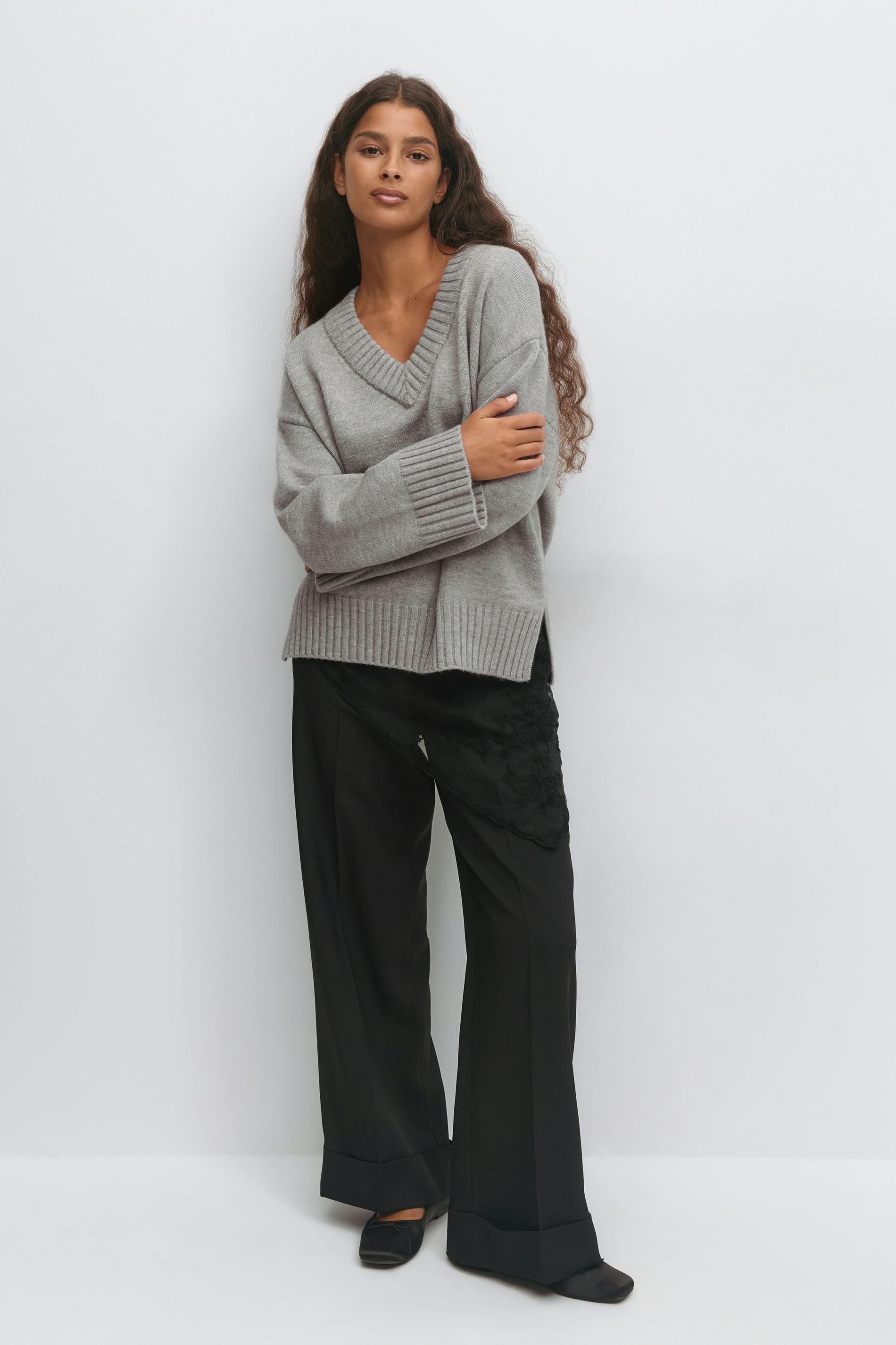 V Neck Oversize Pullover V Ausschnitt Grau Oversize-Pullover Mit V