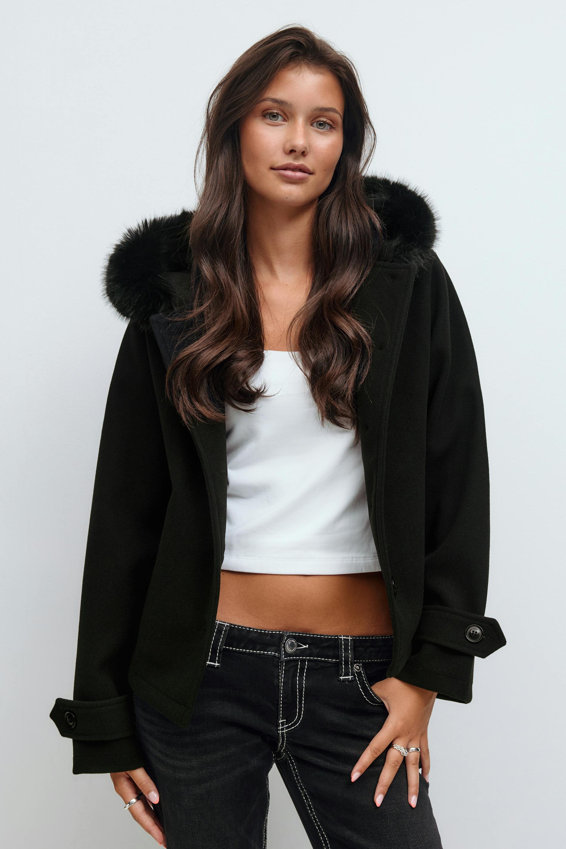 Y fur felt jacket - Black - Gina Tricot
