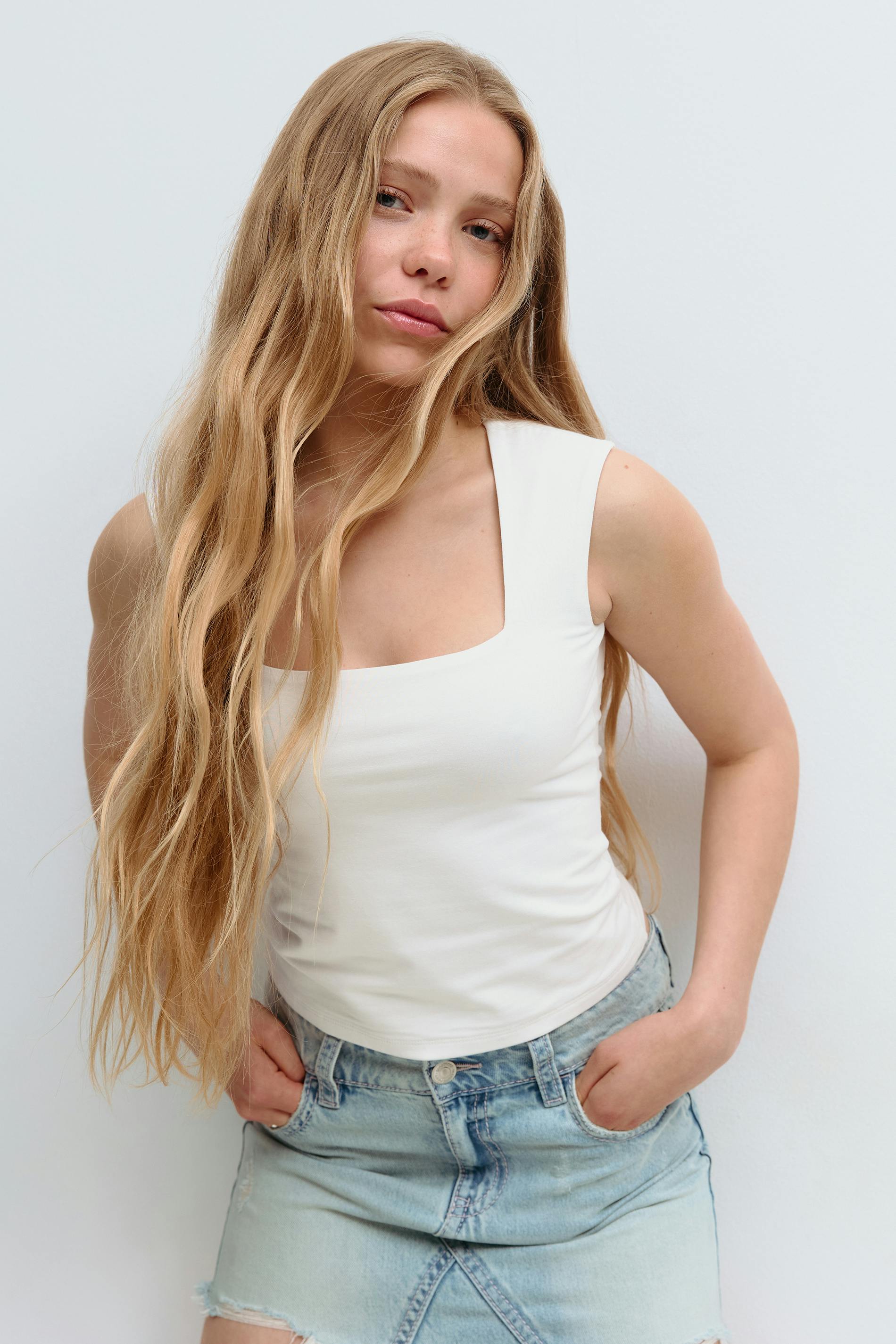 Gina Tricot - Y square neck top - tops - Wit - 146/152 - Meisje