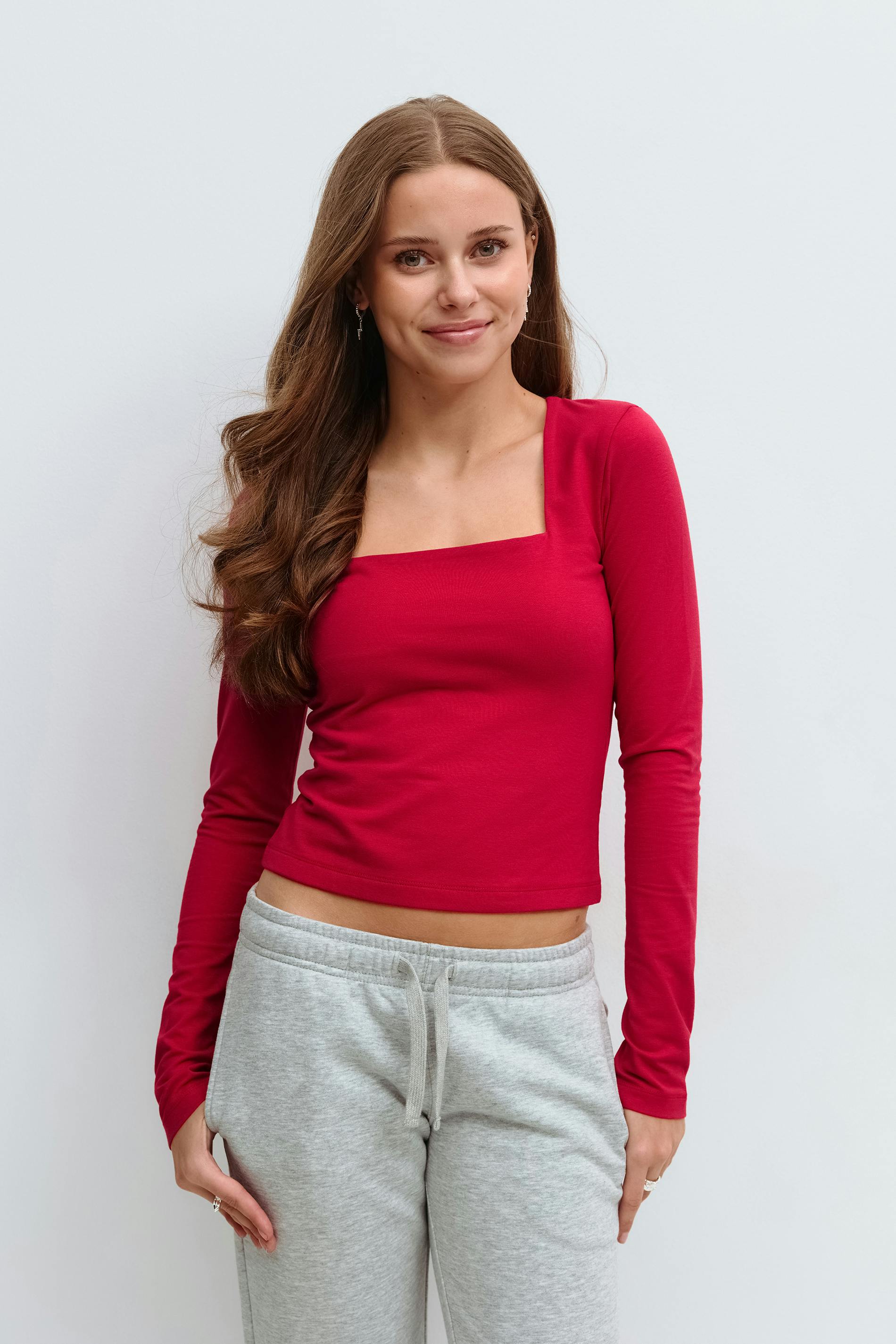 Gina Tricot - Y square neck top - tops - Rood - 134/140 - Meisje