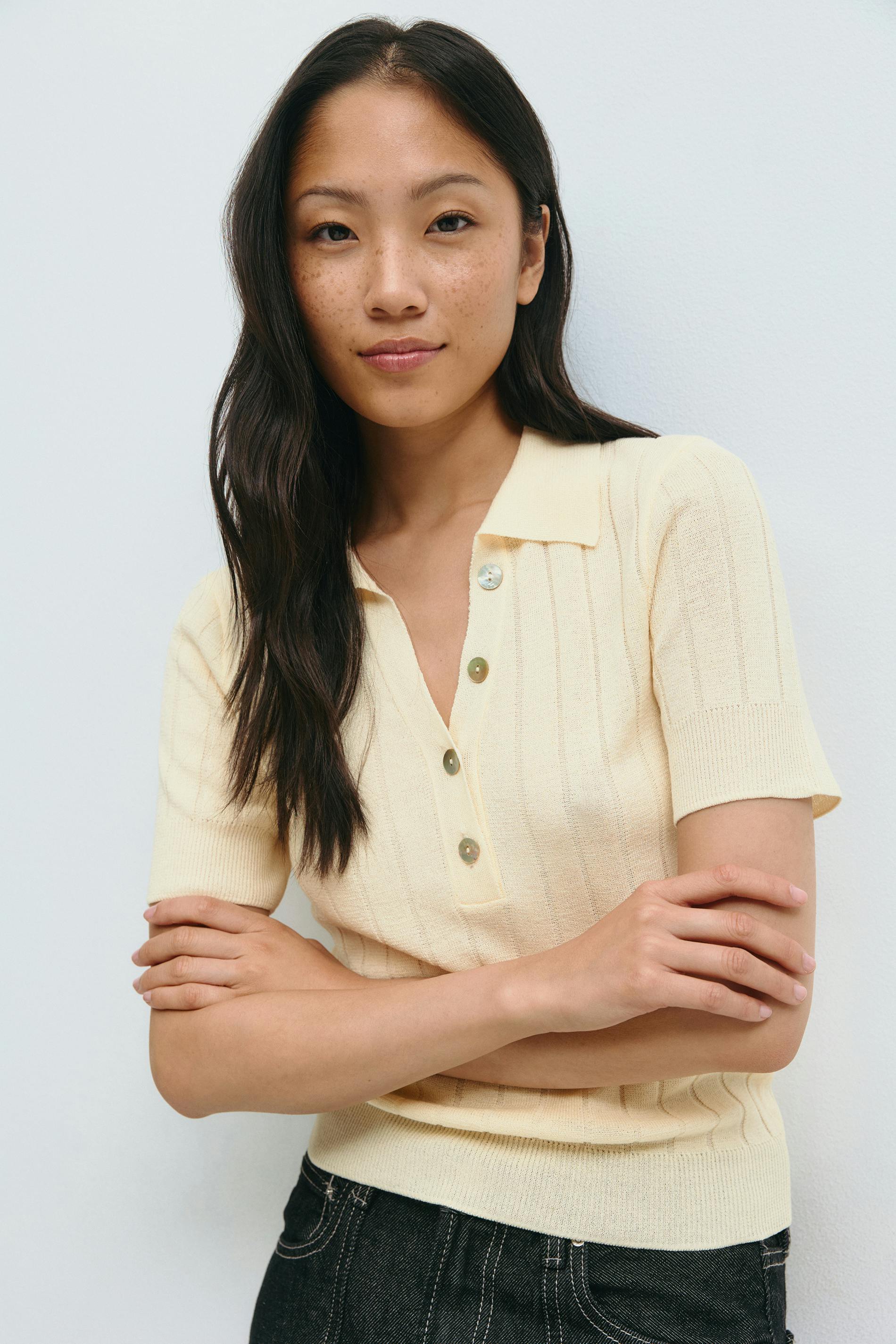 Gina Tricot - Collar knitted top - Polo - Jaune - S - Femme