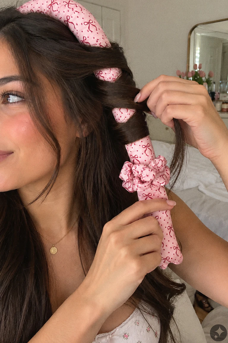 ID 340980 | StyleColorSupplier 16819: Pink bow-print hair rollers, a white floral camisole, and a gold pendant necklace.