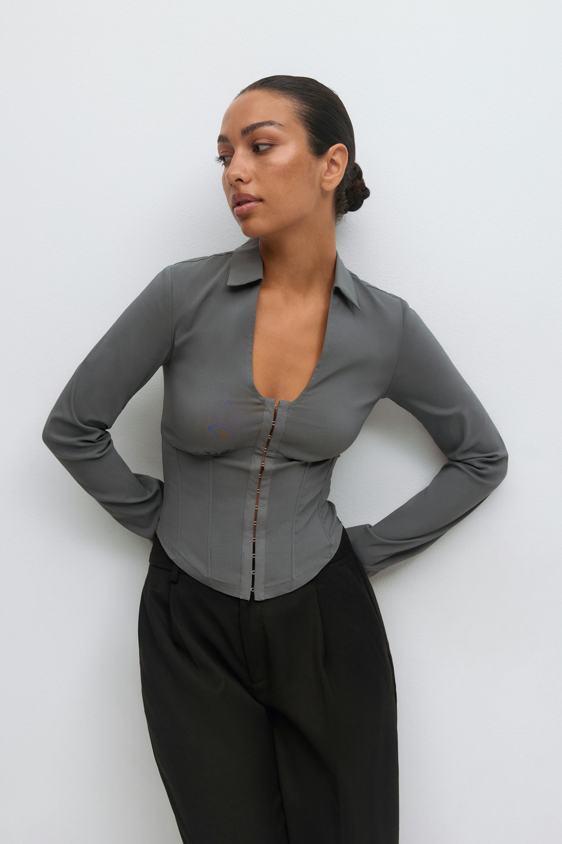 Gina Tricot - Hook and eye shirt - Paitapuserot - Harmaa - 40 - Naiset