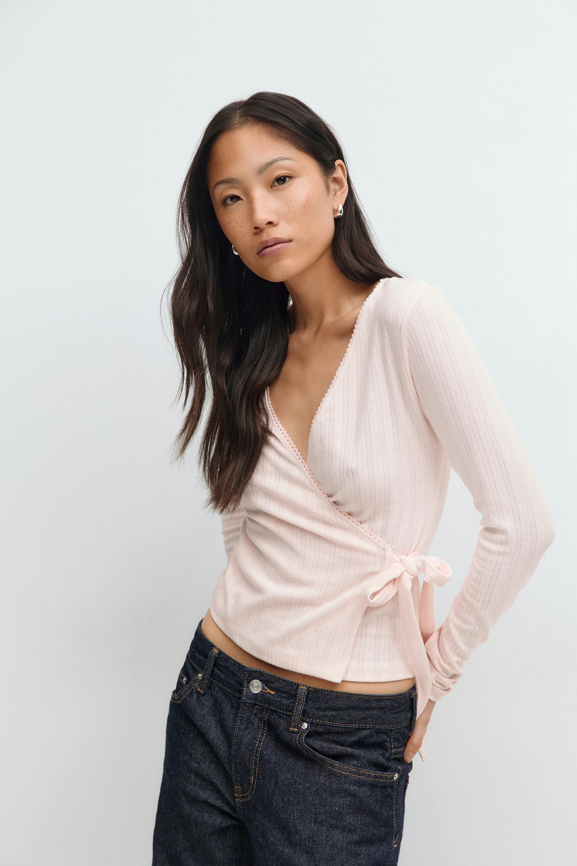 Gina Tricot - Pointelle wrap top - wikkeltops - Roze - XL - Dames