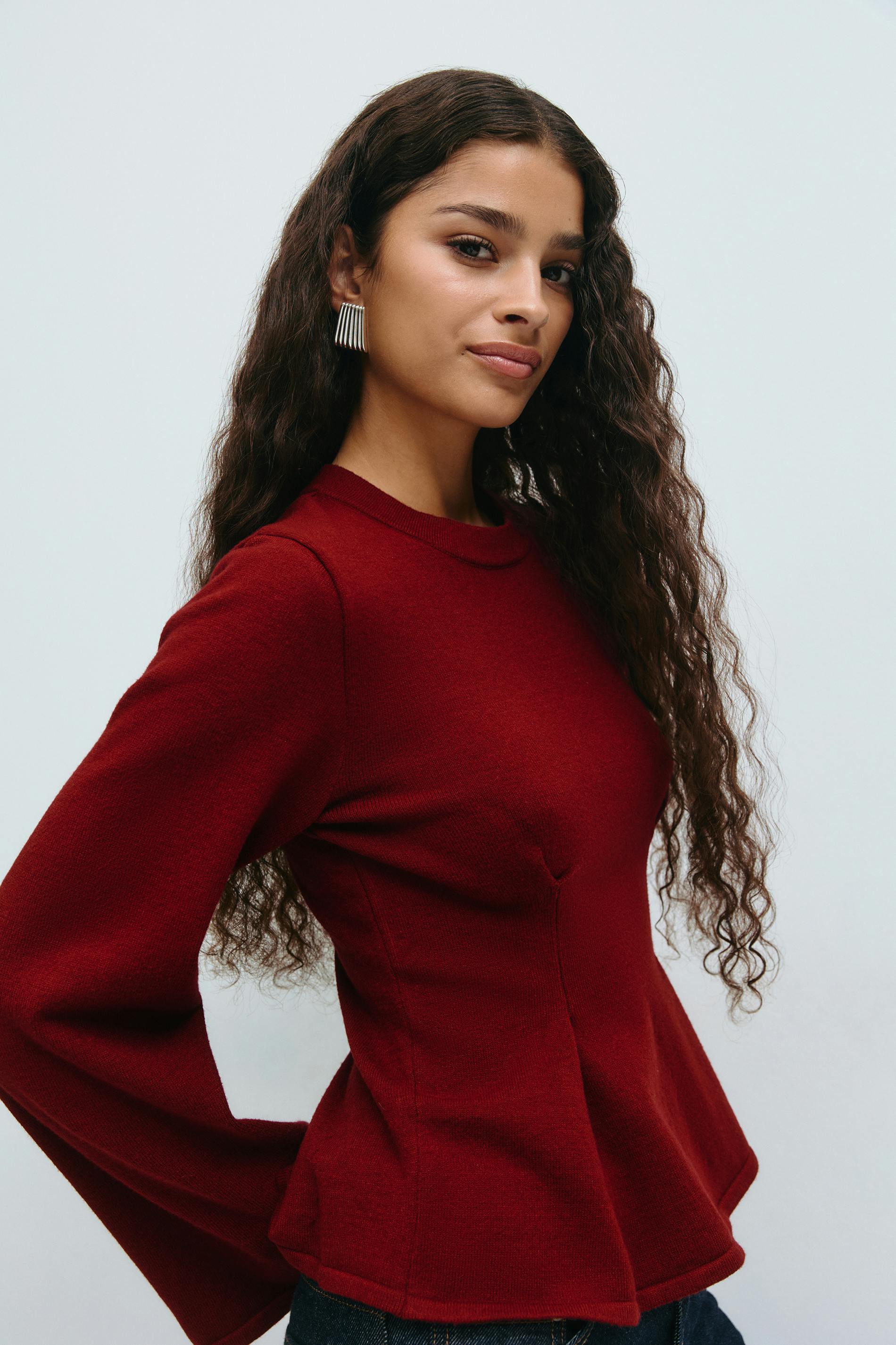 Gina Tricot - Knitted peplum top - tops met lange mouwen - Rood - S - Dames