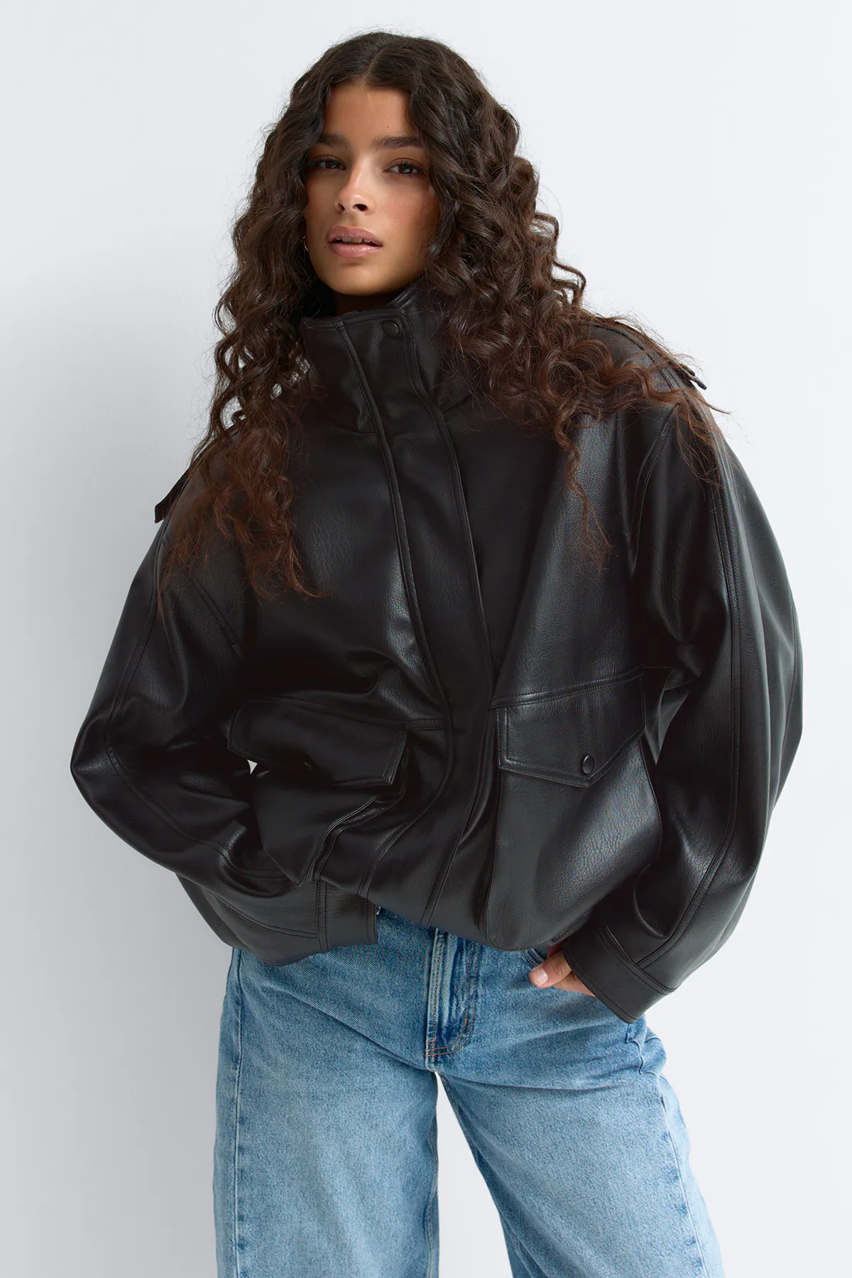 Gina Tricot - High neck pu jacket - leren jassen - Zwart - S - Dames