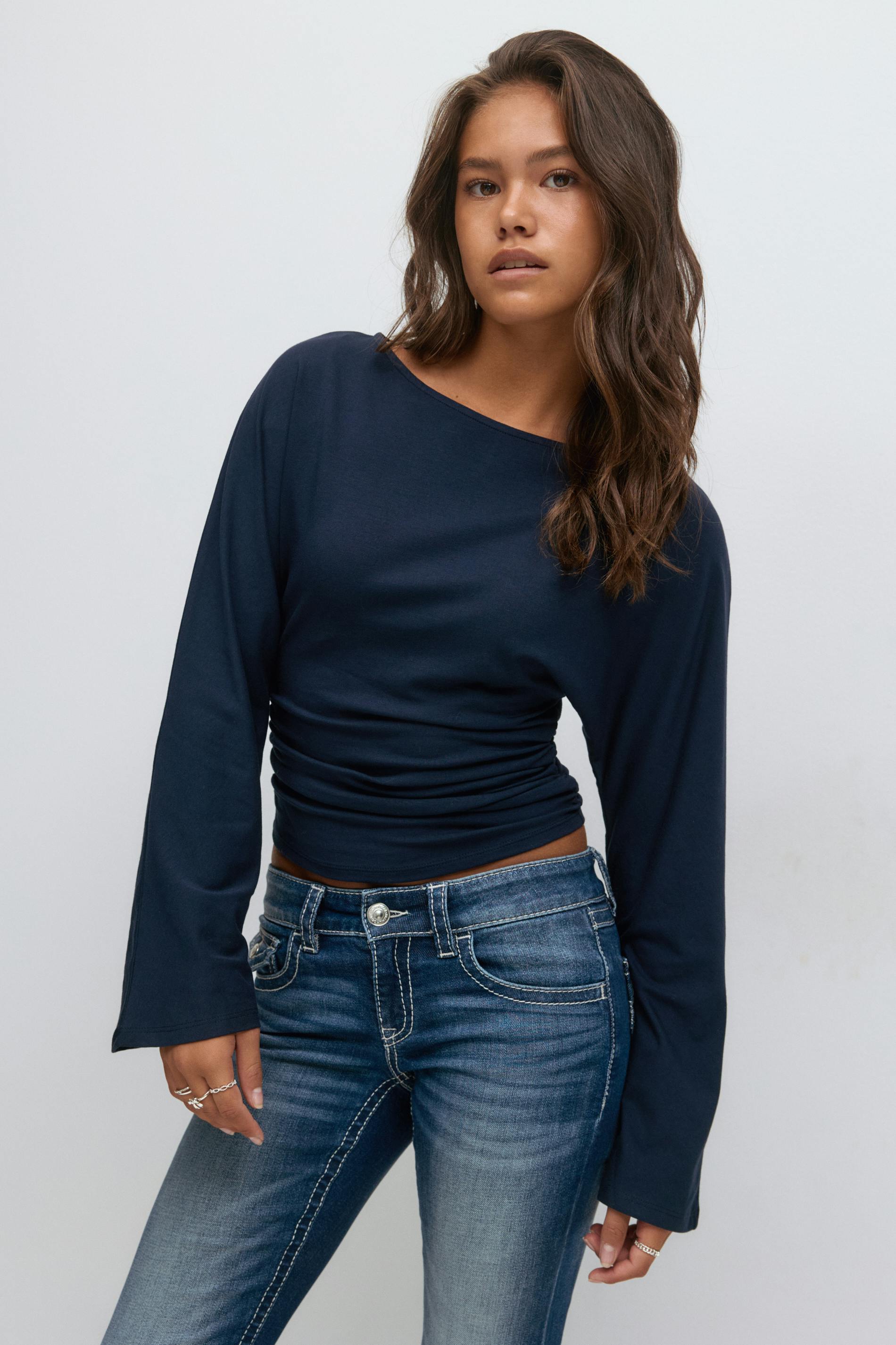 Gina Tricot - Y ruched long sleeve top - tops - Blauw - 170 - Meisje