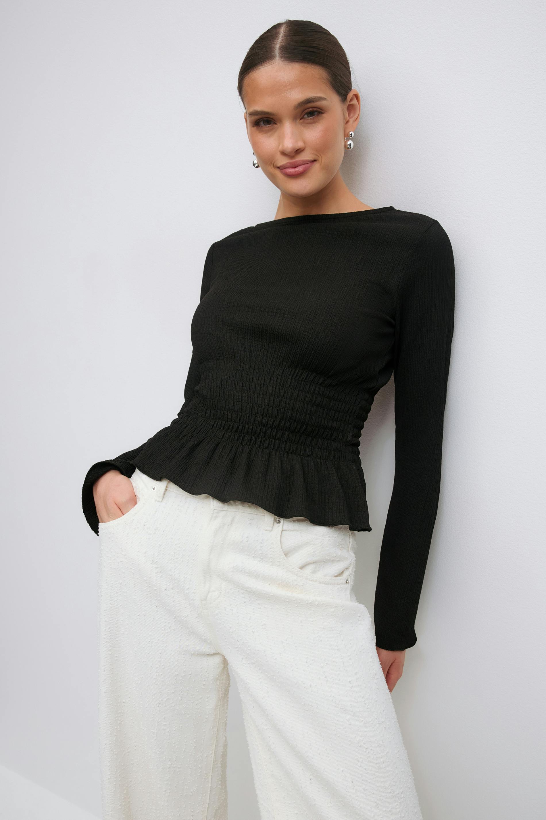 Gina Tricot - Long sleeve smock top - tops met lange mouwen - Zwart - XS - Dames