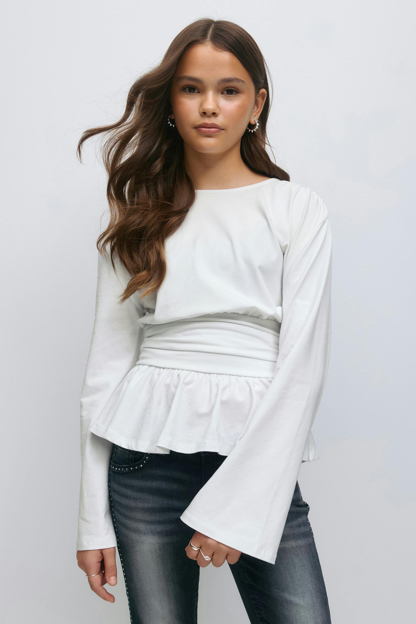 Gina Tricot - Y ruched long sleeve top - tops - Wit - 170 - Meisje