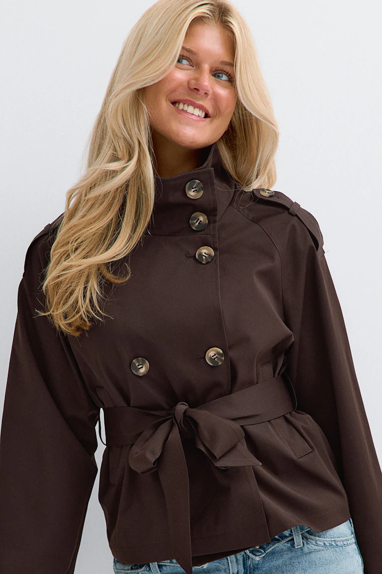 Brown belted double-breasted jacket.