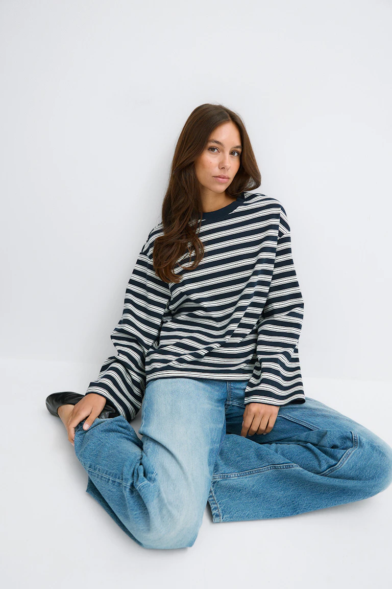 Ein marineblau-weiß gestreiftes Langarm-Oberteil, dazu hellblaue Jeans mit weitem Bein und schwarze Schuhe.