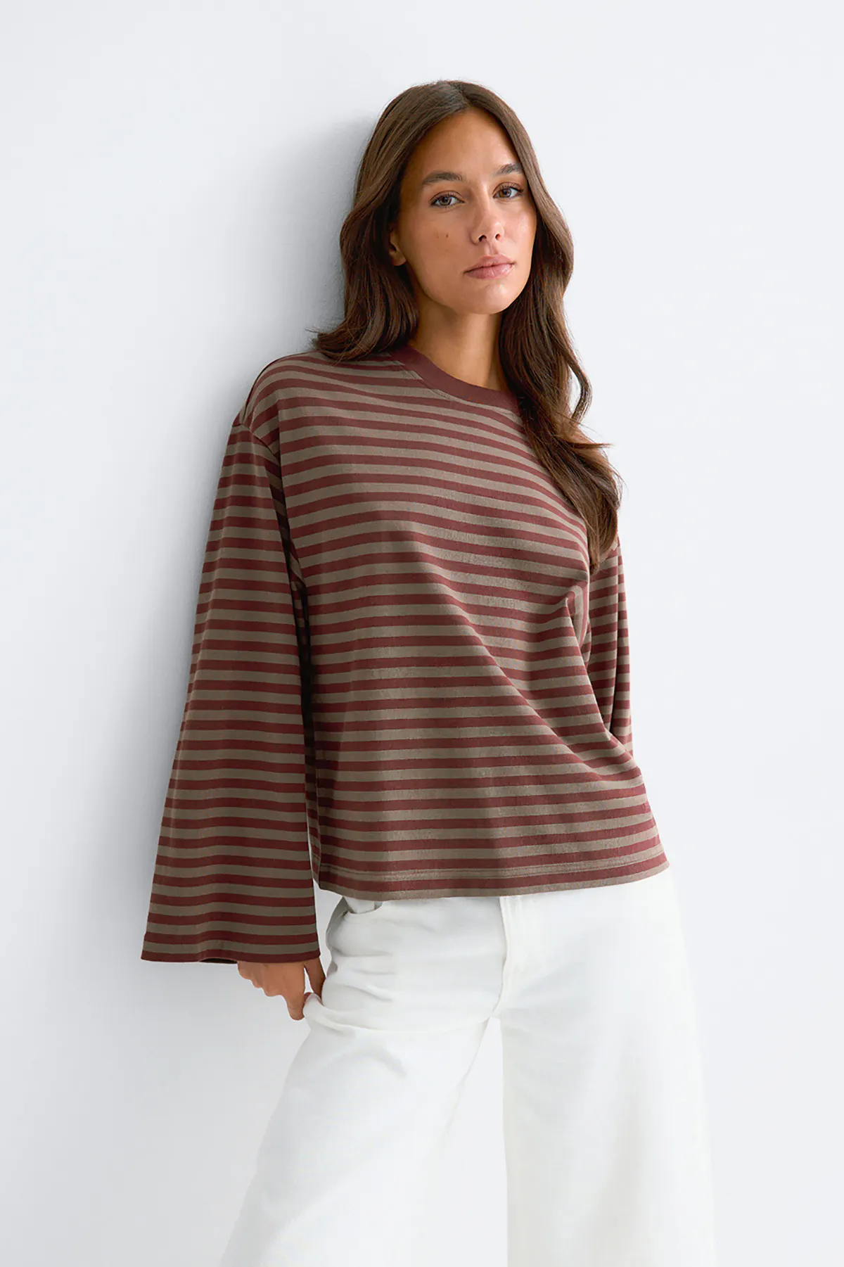 Gina Tricot - Stripe long sleeve tee - tops met lange mouwen - Bruin - M - Dames