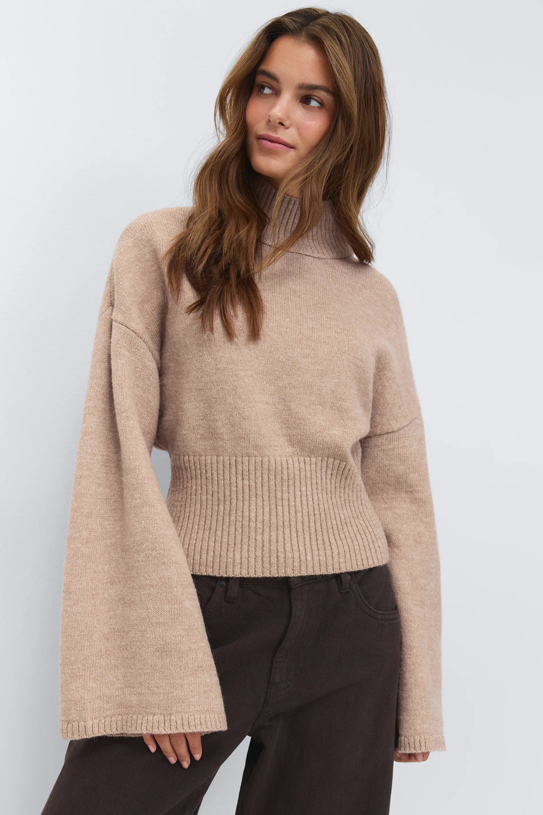 Gina Tricot - Funnel neck knitted sweater - pulls col roulé - Beige - L - Femme
