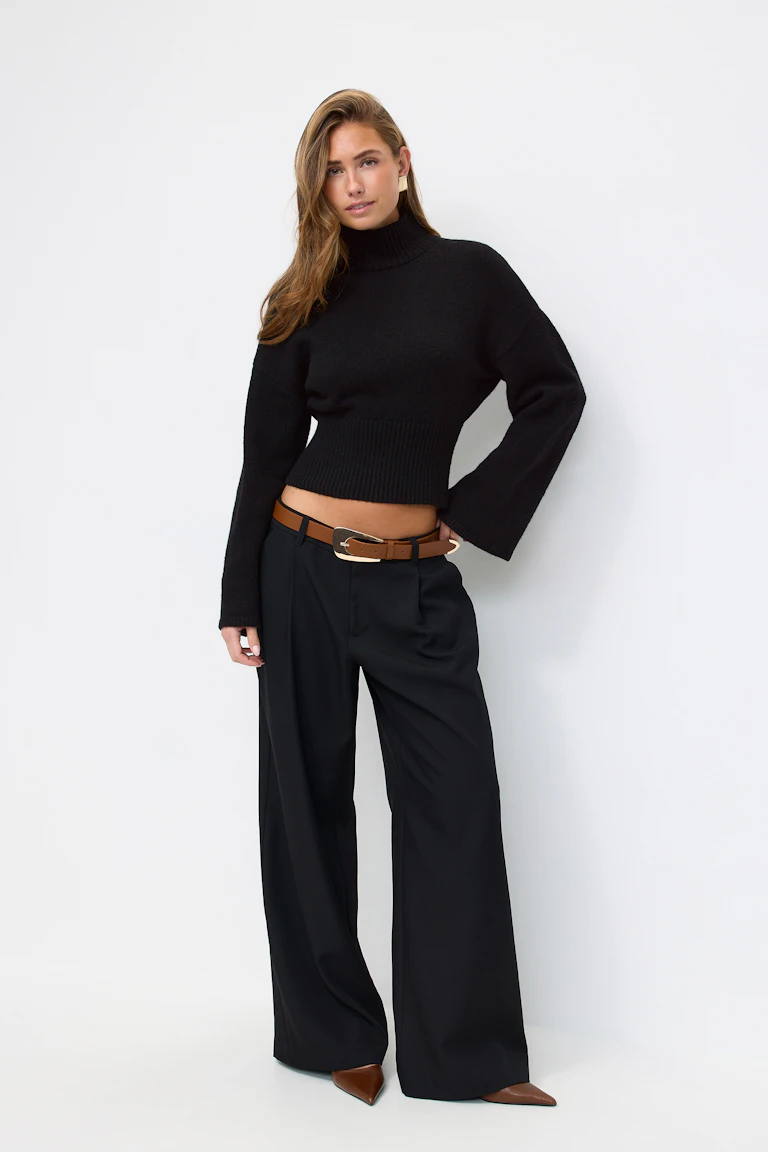 Schwarzer Rollkragenpullover mit langen Ärmeln, schwarze Hose mit hoher Taille und weitem Bein, brauner Ledergürtel mit goldener Schnalle und braune, spitze Absätze.