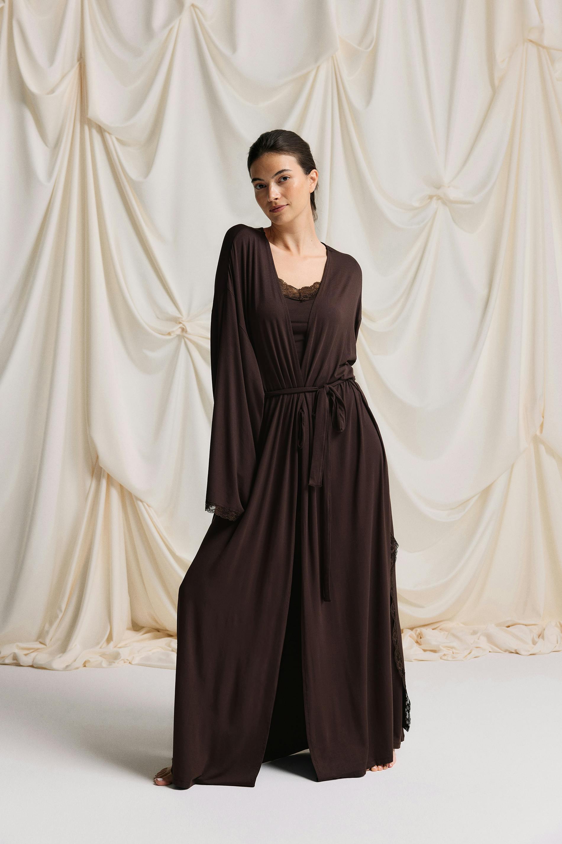 Gina Tricot - Soft lace loungewear robe - Homewear - Ruskea - S - Naiset